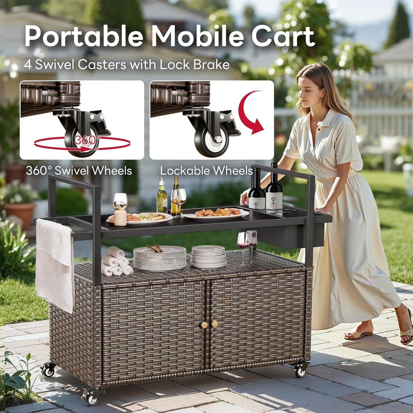Outdoor Bar Cart with Storage Cabinet, Outdoor Grill Cart with Wheels, Rattan Bar Cart with Tempered Glass Tabletop, Outdoor Buffet Cabinet Table Cart for Mini Bar, BBQ, Food Serving, Brown Wicker