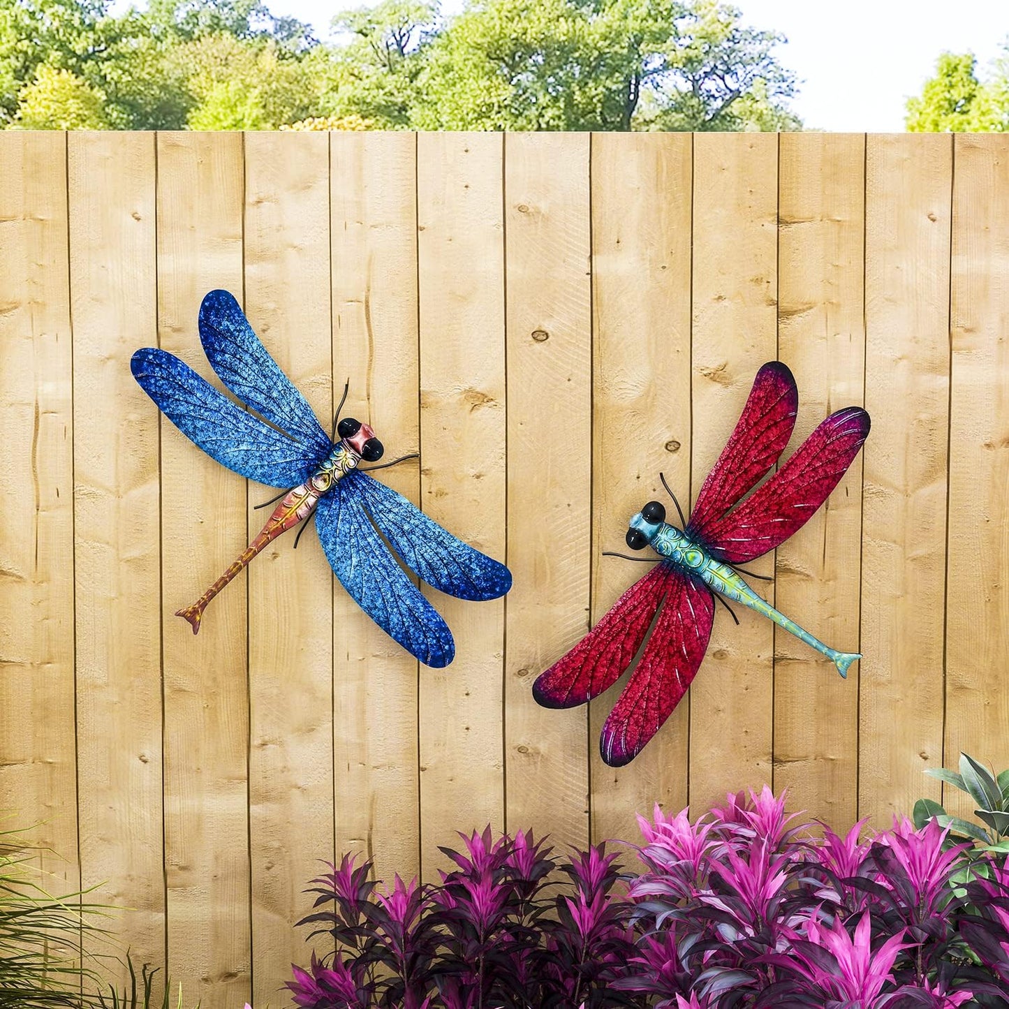 Metal Dragonfly Garden Art Decorations,-17.5 inches Outdoor Hanging Wall Decor Sculptures for Home Garden Yard (2 pack) dragon flies for garden