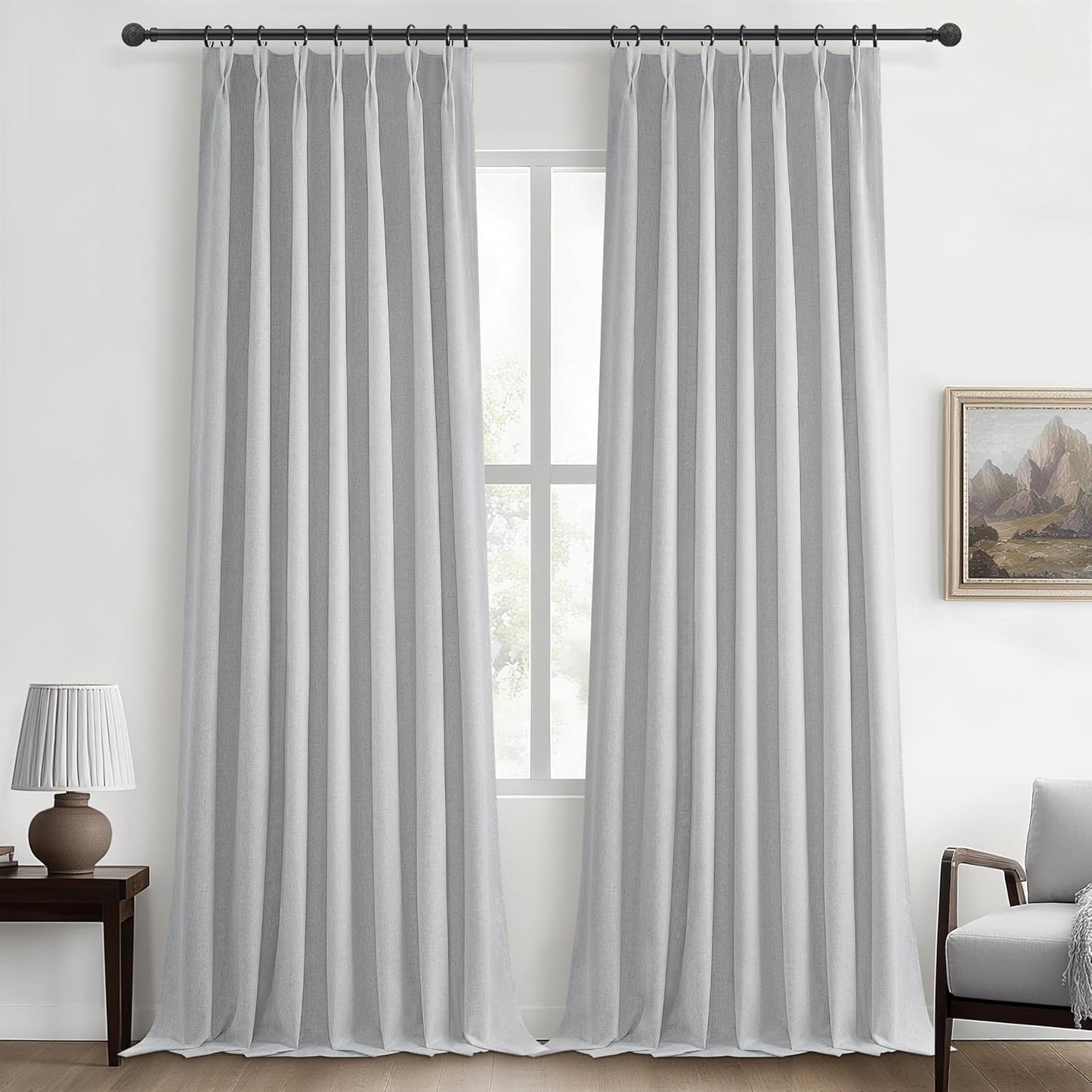 Light Grey Black Out Curtains 96 Inch Long for Living Room, Pinch Pleated Flax Linen Modern Insulated Drapes with Hooks Bedroom Curtain 2 Panels Set Soundproof Privacy Windows (40"Wx96"Lx2 Light Gray)