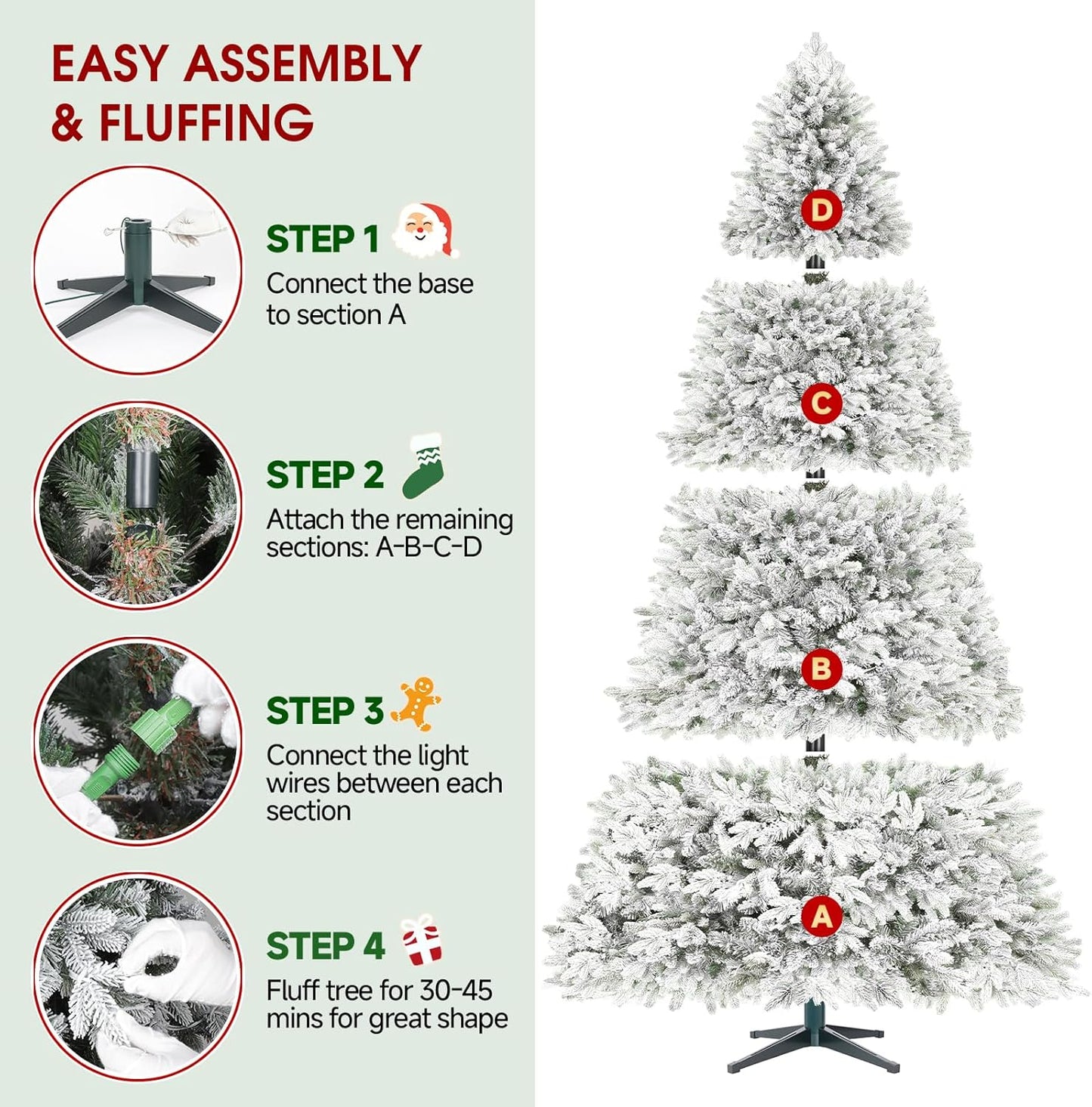 9ft Pre-Lit Snow Flocked Rotating Christmas Tree with 600 Multi-Color LED Lights, 2512 PE & PVC Tips - Realistic Artificial Tree for Holiday Decor