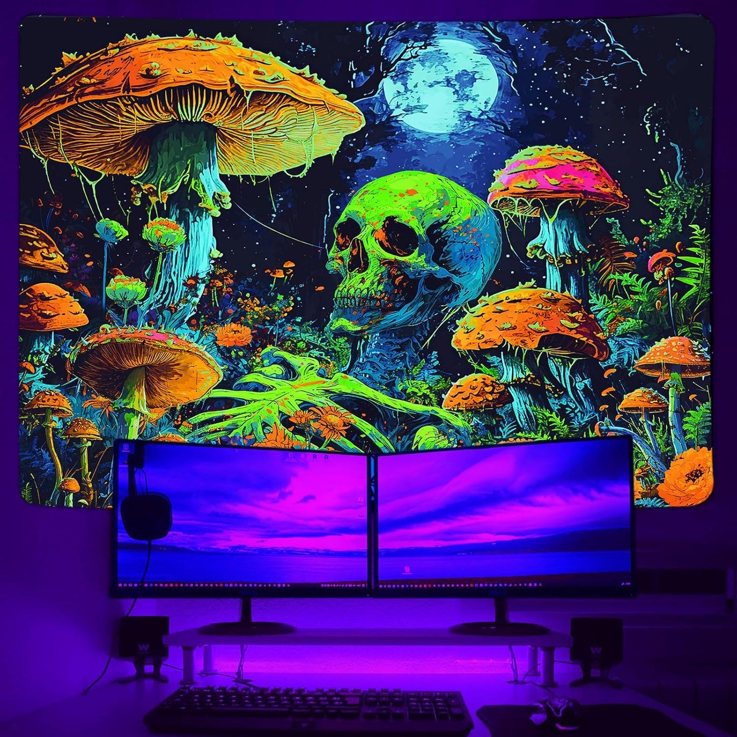 Xiaoput Blacklight Skull, Black Light Skeleton, UV Reactive Neon Gothic Tapestry for Bedroom, Glow in Dark Trippy Forest Wall Hanging, 40X30IN
