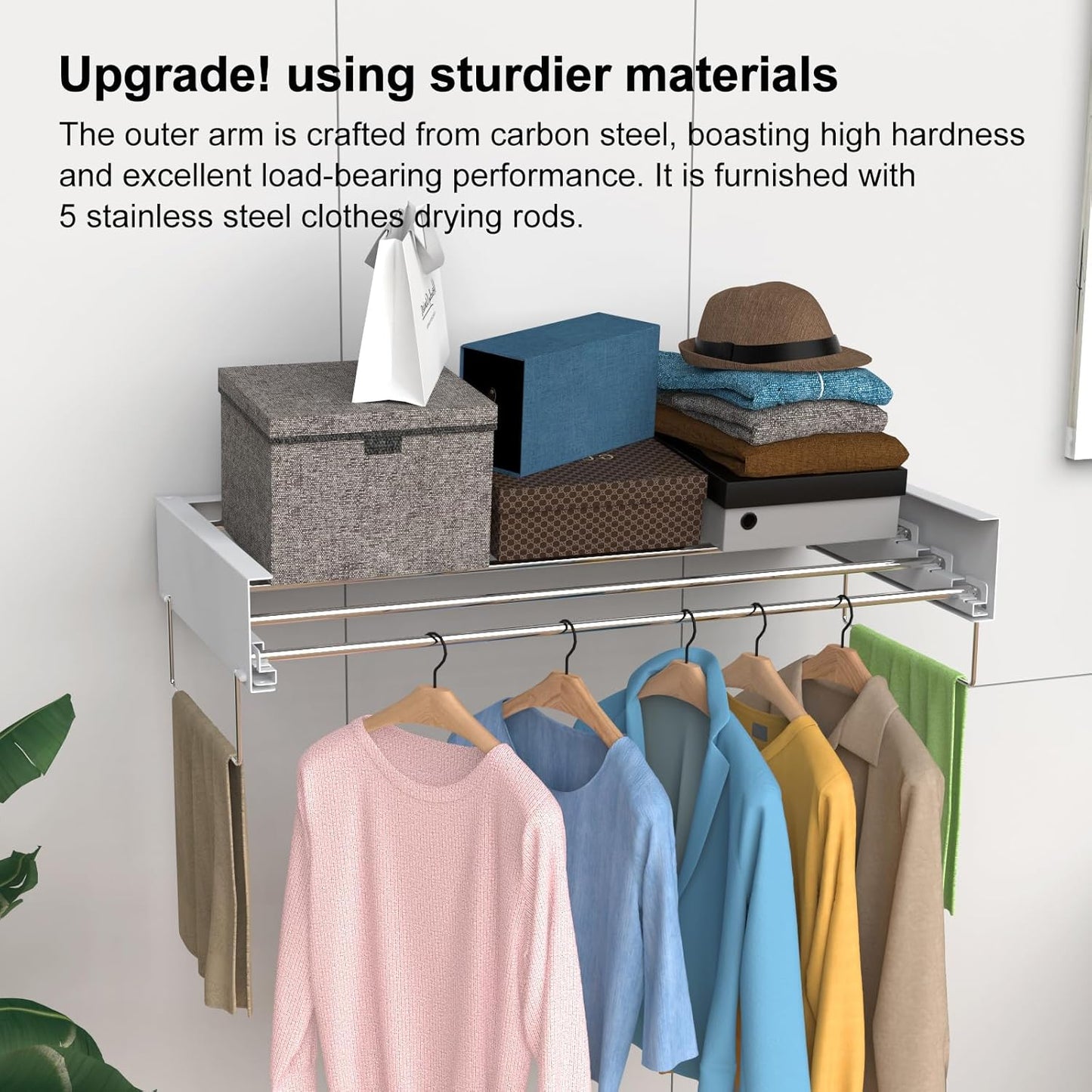 Wall Mounted Drying Rack, Foldable Laundry Rack, Collapsible Drying Rack, 5 Stainless Rods, Wall Mounted Clothing Rod with 2 Towel Bar, 90 lb Capacity, 31.5" White