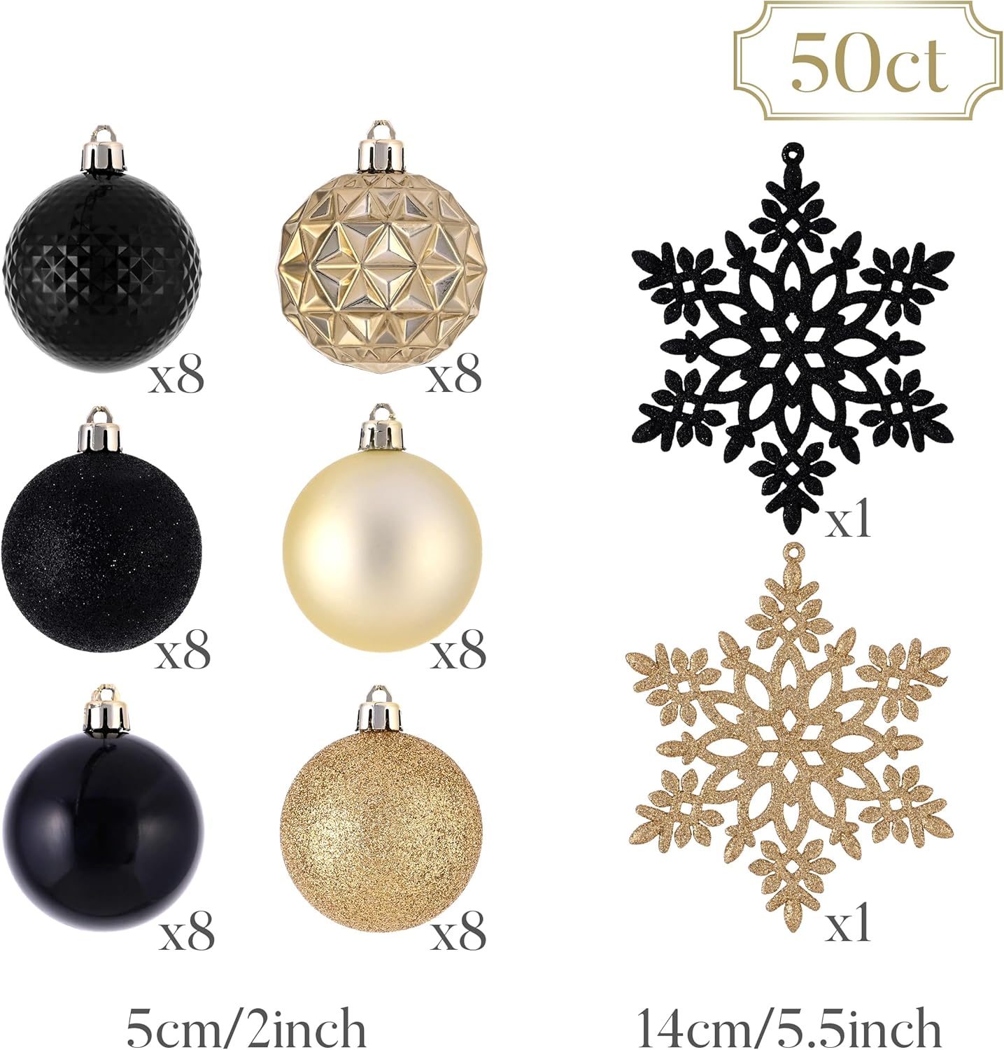 Valery Madelyn Christmas Tree Decorations Ornament Set for Fall Halloween, 50ct 2 Inches Black and Gold Shatterproof Christmas Ball Ornaments Hanging Xmas Holiday Party Decor