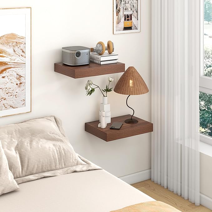 Deep Floating Shelves for Wall | 16 Inch Wide x 12 Inch Deep Floating Shelves Set of 2 | Rustic Walnut Wide Wall Shelves | Bookshelf Laundry Shelf TV Shelf