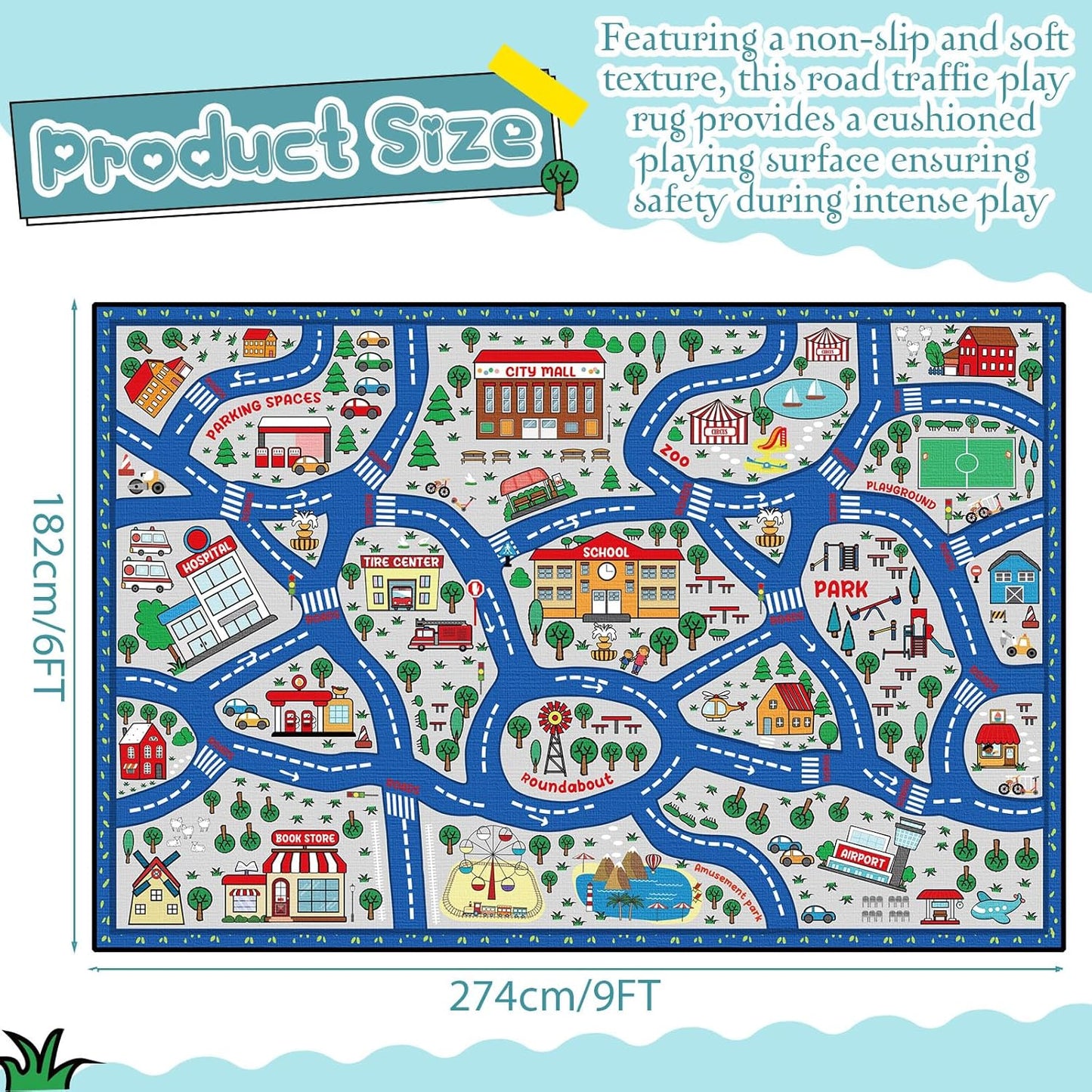 Kids Carpet Playmat Rug Player Car Rug,City Life Traffic Road Map Mat Educational Game Area Rug for Toddler Children Playroom Classroom Bedroom (Blue,6 x 9 ft)