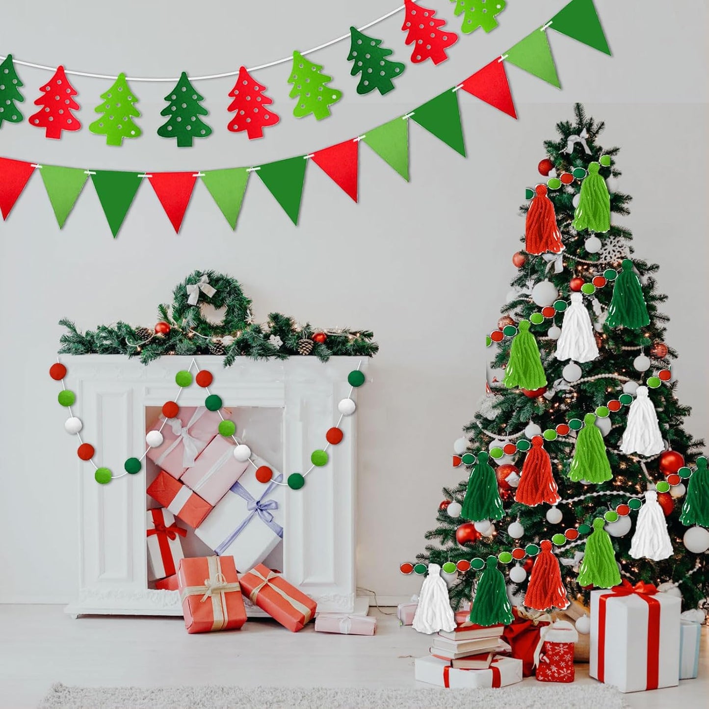 4 Pcs Christmas Tassel Garlands, 9.8 Feet Pom Pom Balls Garland Decor, Colorful Felt Fabric Pennant Banner, Boho Pastel Tassel Wall Door Hanging Decor for Xmas Party Classroom Home Ornament