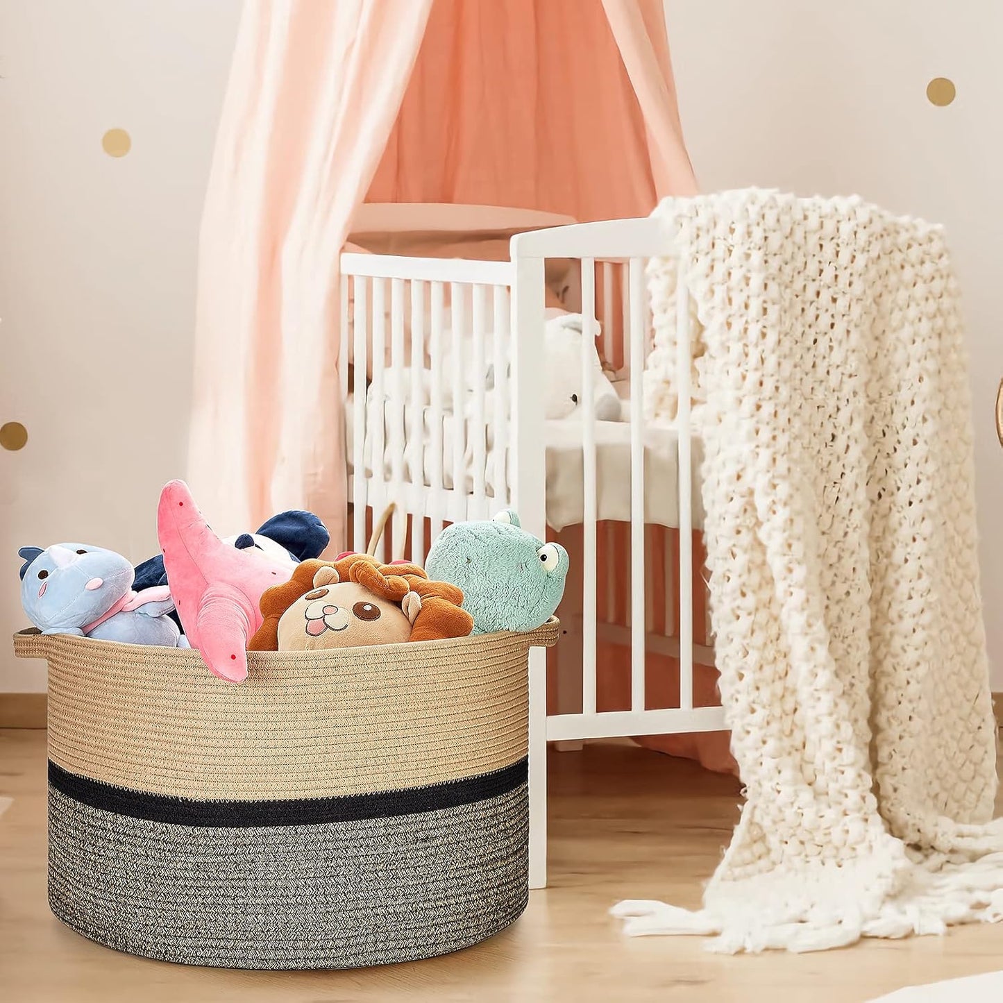 Ravinte Blanket Basket - 20"x 20"x 13" Cotton Rope Basket for Living Room, Baby Toy Storage Basket, Large Woven Laundry Basket (Brown-Black)