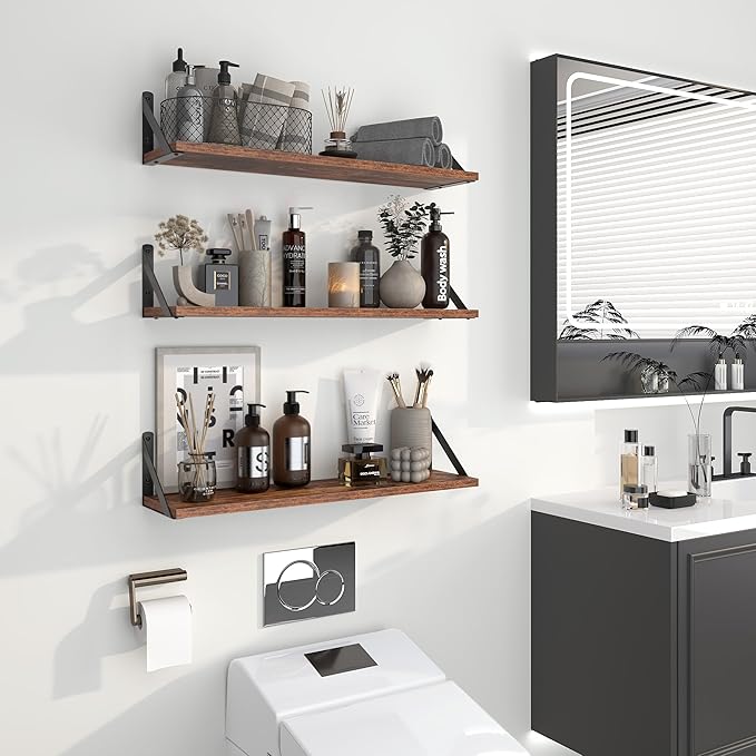 Heimlove Floating Shelves for Wall, 24 Inch Long Wood Floating Shelves Set of 3, Wall Mounted Hanging Shelf for Bathroom Bedroom Kitchen, Rustic Brown