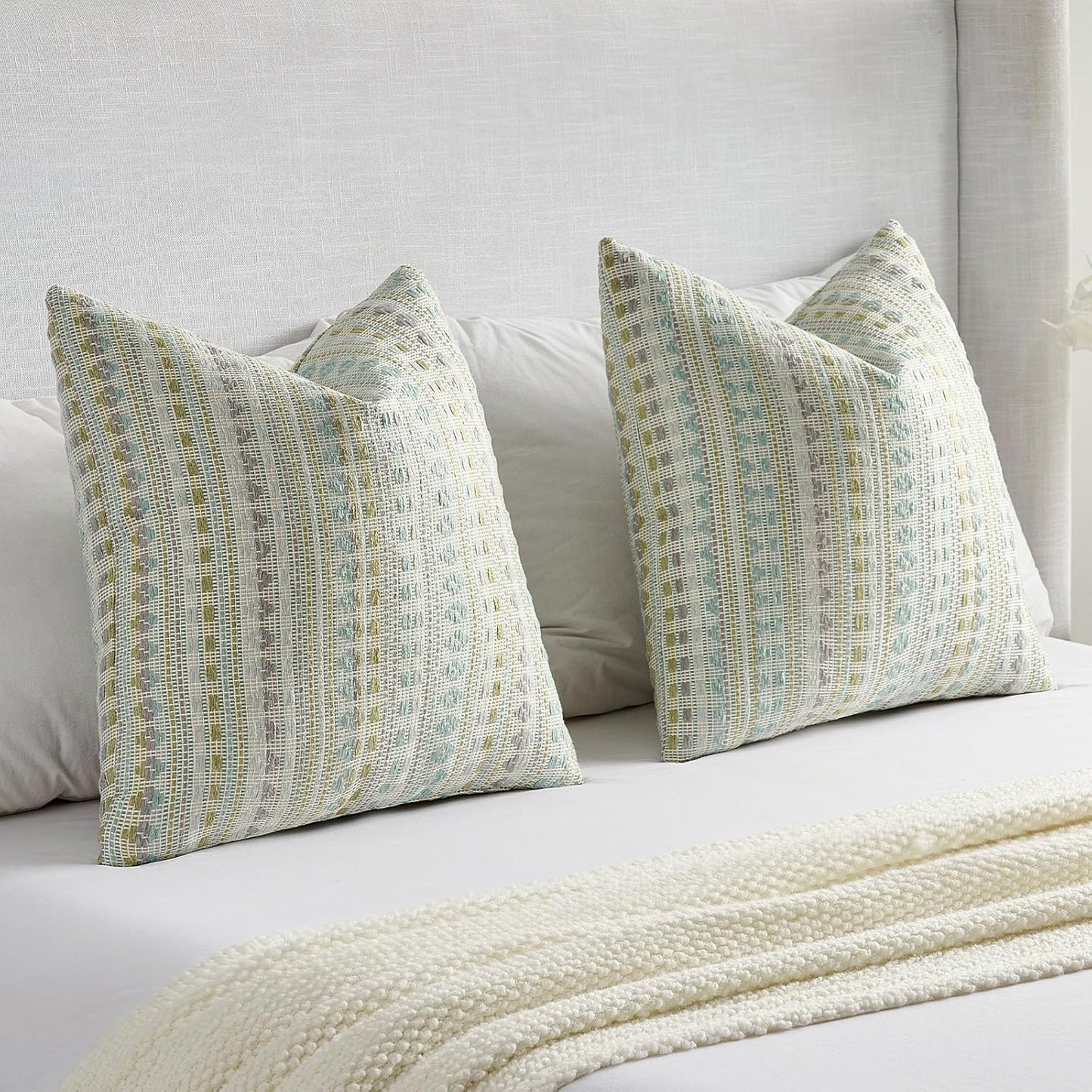 FUTEI Green Blue Decorative Throw Pillow Covers 18x18 Inch Set of 2,Soft Cozy Chenille Jacquard Textured Cushion Case,Boho Home Decor for Couch Bed Living Room