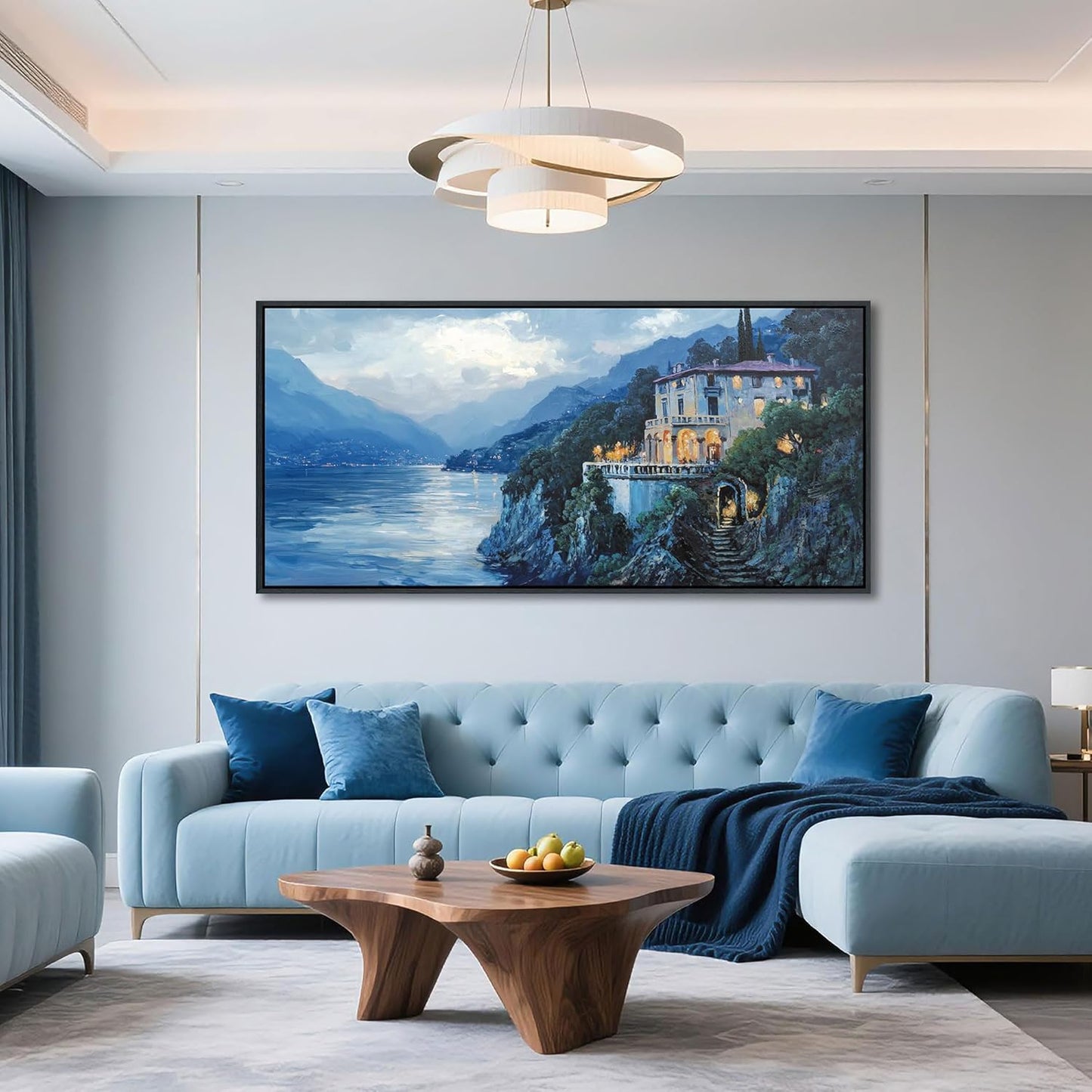 QZQCBLC Large Wall Art Bedroom, Blue Mountains Lake Houses Green Trees Landscape Framed Oil Paintings Canvas Printi Artwork for Living room Home Kitchen Office Pictures Wall Decor 29x58 IN