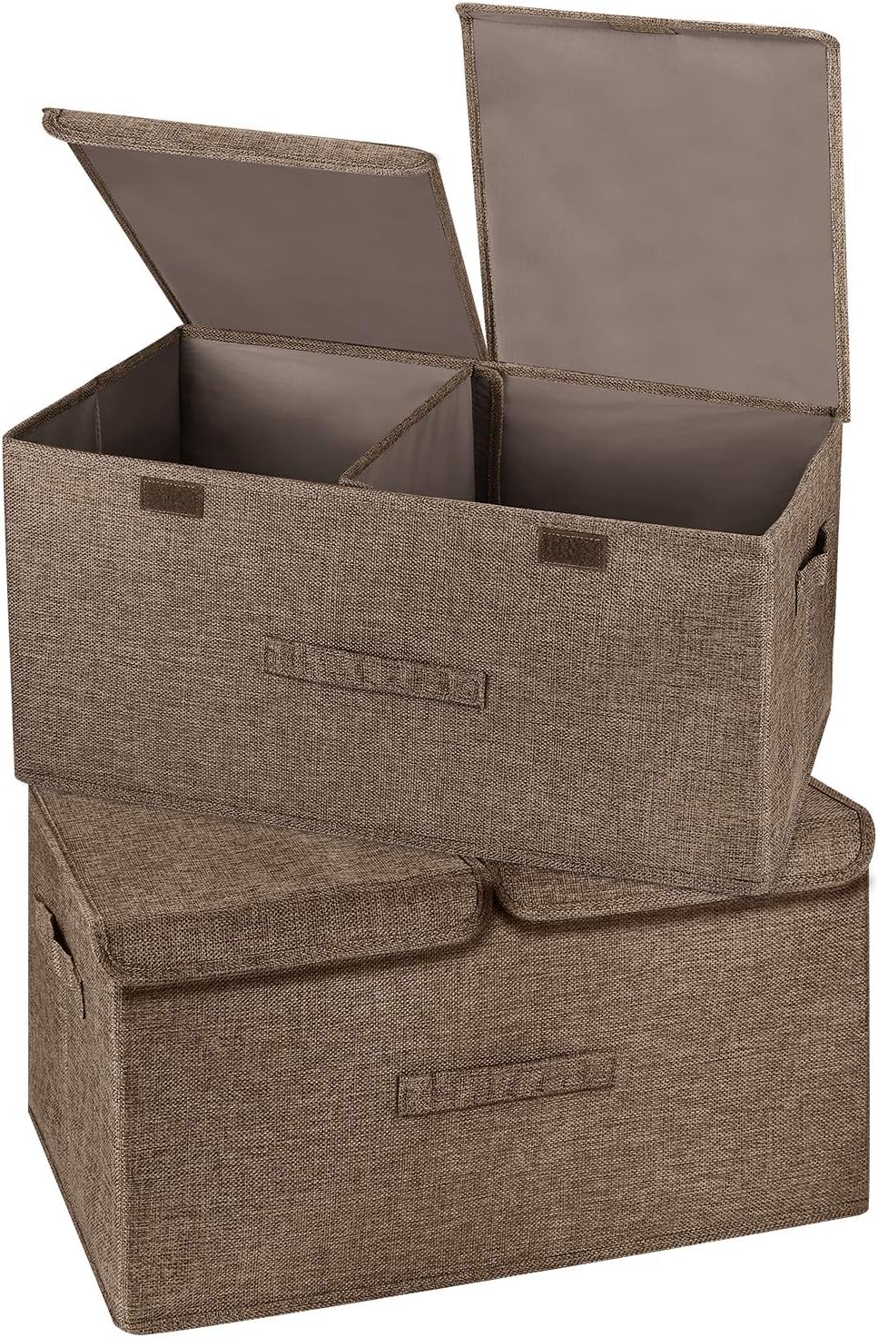2 Pack Large Storage Boxes with Lids and Handles, Collapsible Linen Storage Bins Organizer Containers Baskets Cube with Removable Divider for Home Bedroom Closet Office (Coffee, Large)