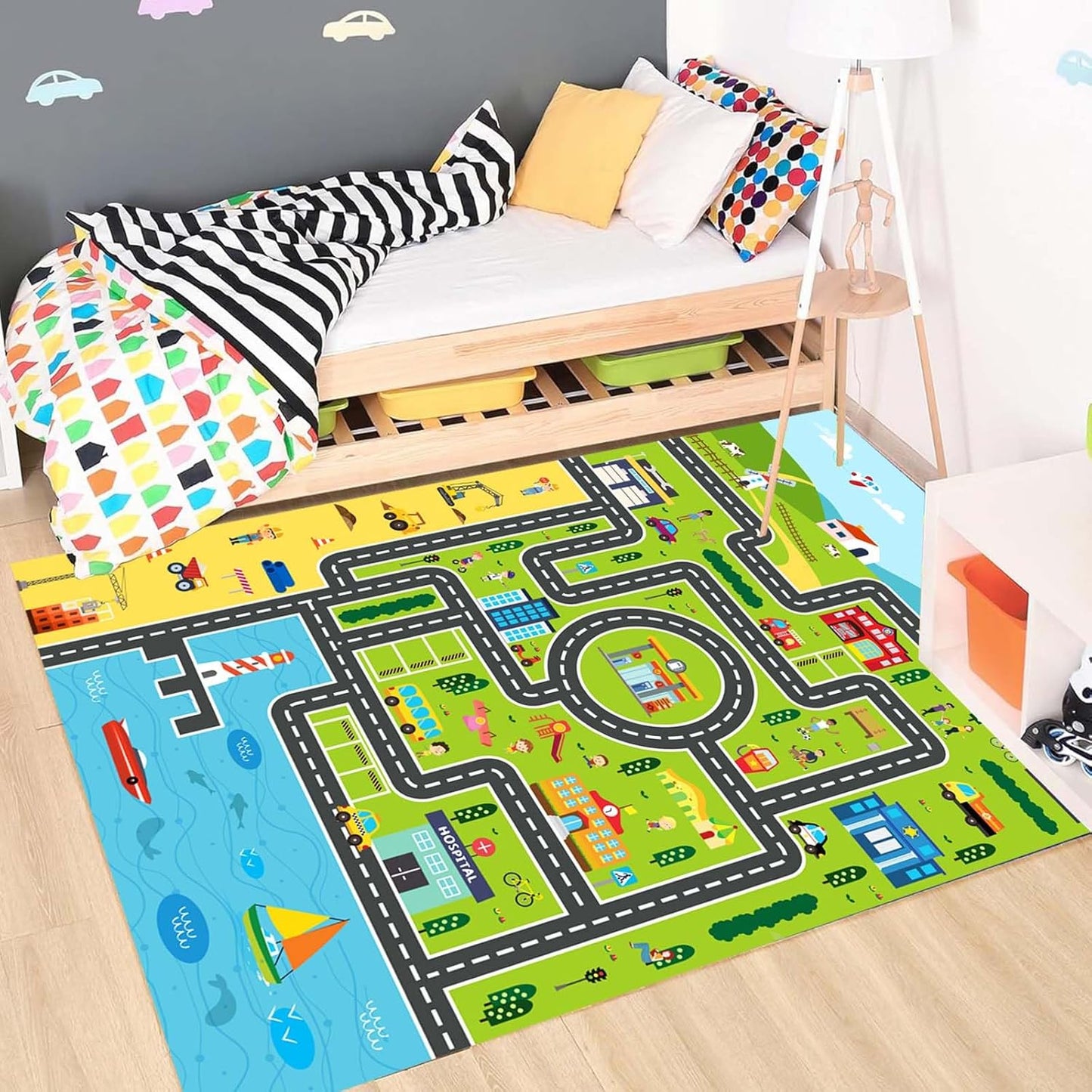 Kids Rug Playroom Car Rug Play Mat City Life Road Rugs Fun City Map for Kids Toy Cars Carpet for Bedroom Boys (Green-Rug, 6.6x9.8ft)