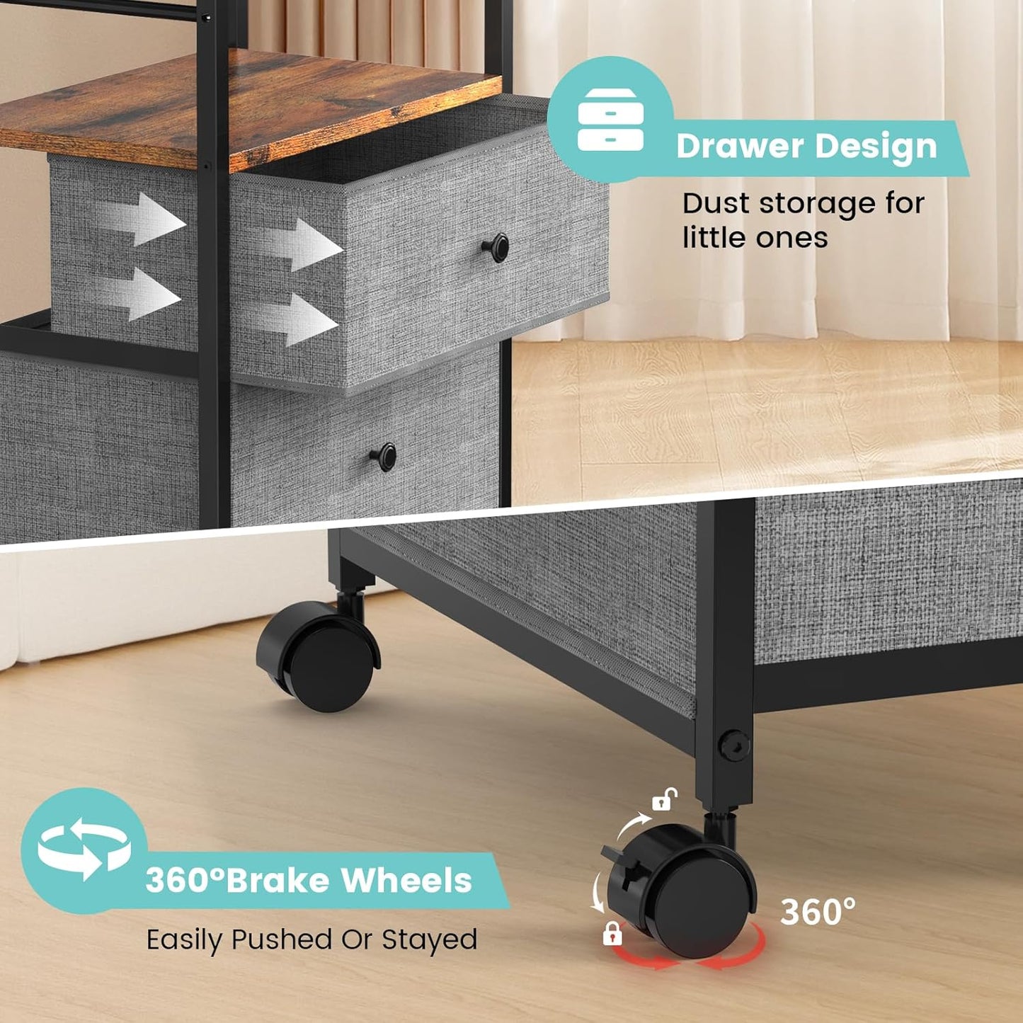 2IN1 Baby Diaper Caddy Organizer & 4-Tier Rolling Cart, Bedside Cart for Baby Essentials Nursery With Drawers, Metal Mobile Diaper Caddy Cart with Wheels, Storage Basket with Dividers for Baby Shower