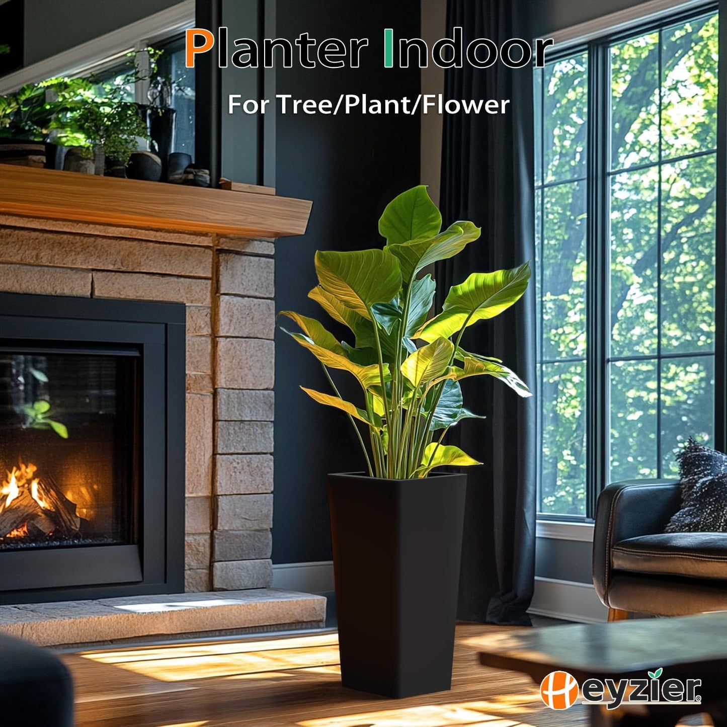 Tall Planters for Outdoor Plants, Large Resin Flower Pots for Garden, Front Porch, Patio, Indoor - Set of 2 (Black, 32 inch - 2 Pack)