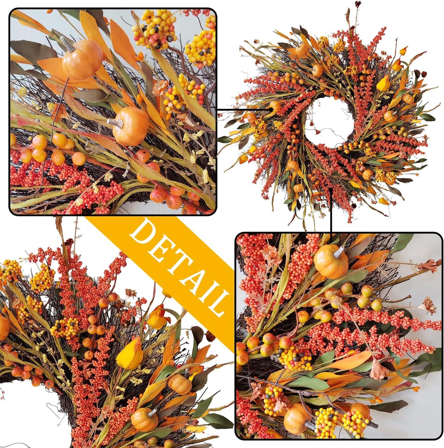 WANNA-CUL 24 inch Fall Wreath Decor for Front Door with Pumpkins, Hawthorn,Grain,Lantern Fruit,Berries,Eucalyptus Leaves, Large Harvest Door Wreath for Autumn or Thanksgiving Decoration