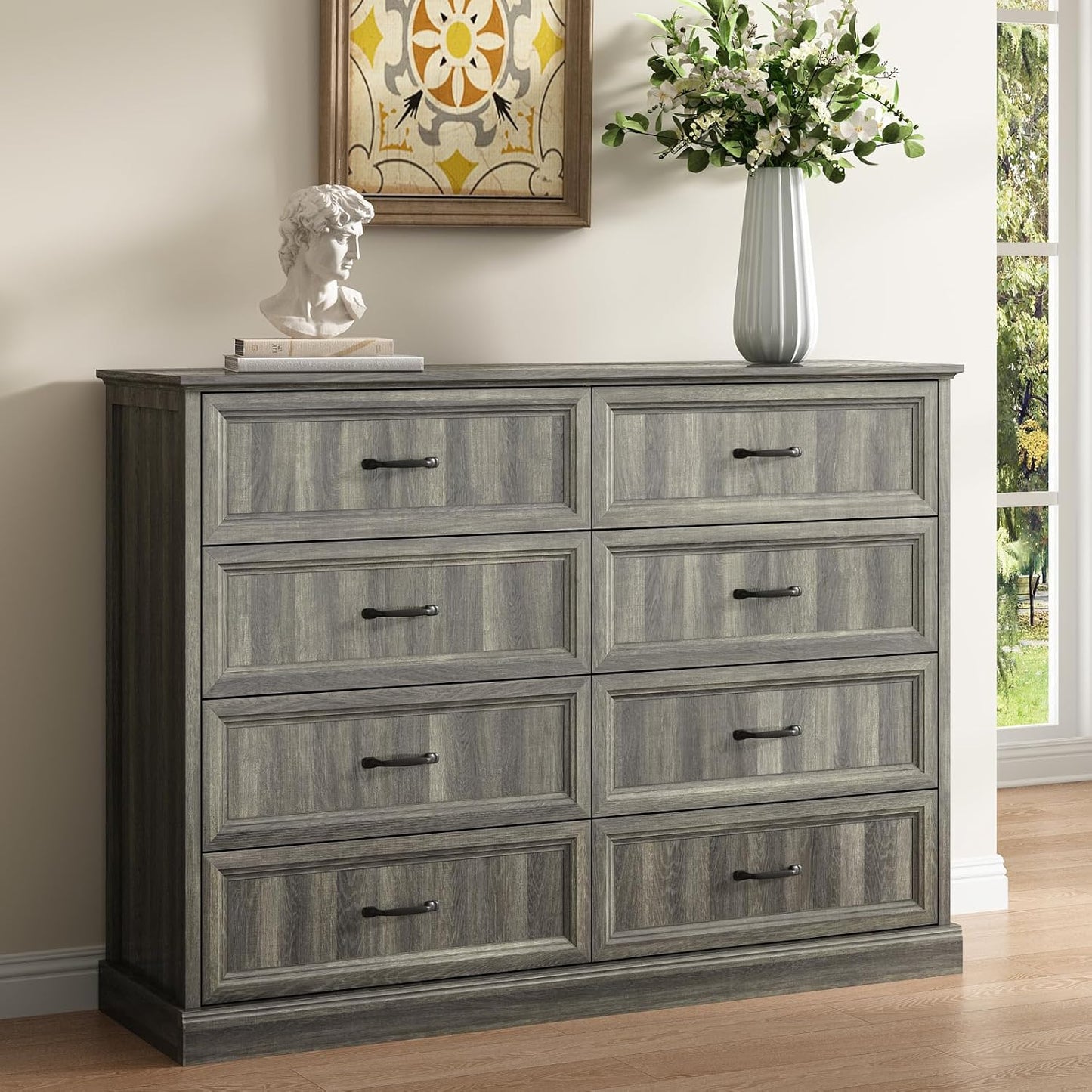 CARPETNAL Farmhouse 8 Drawer Dresser for Bedroom, 55 Inch Wide Modern Grey Dresser TV Stand with Large Drawers & Bar Handles, Rustic Wood Chest of Drawers for Bedroom, Living Room, Hallway, Entryway.