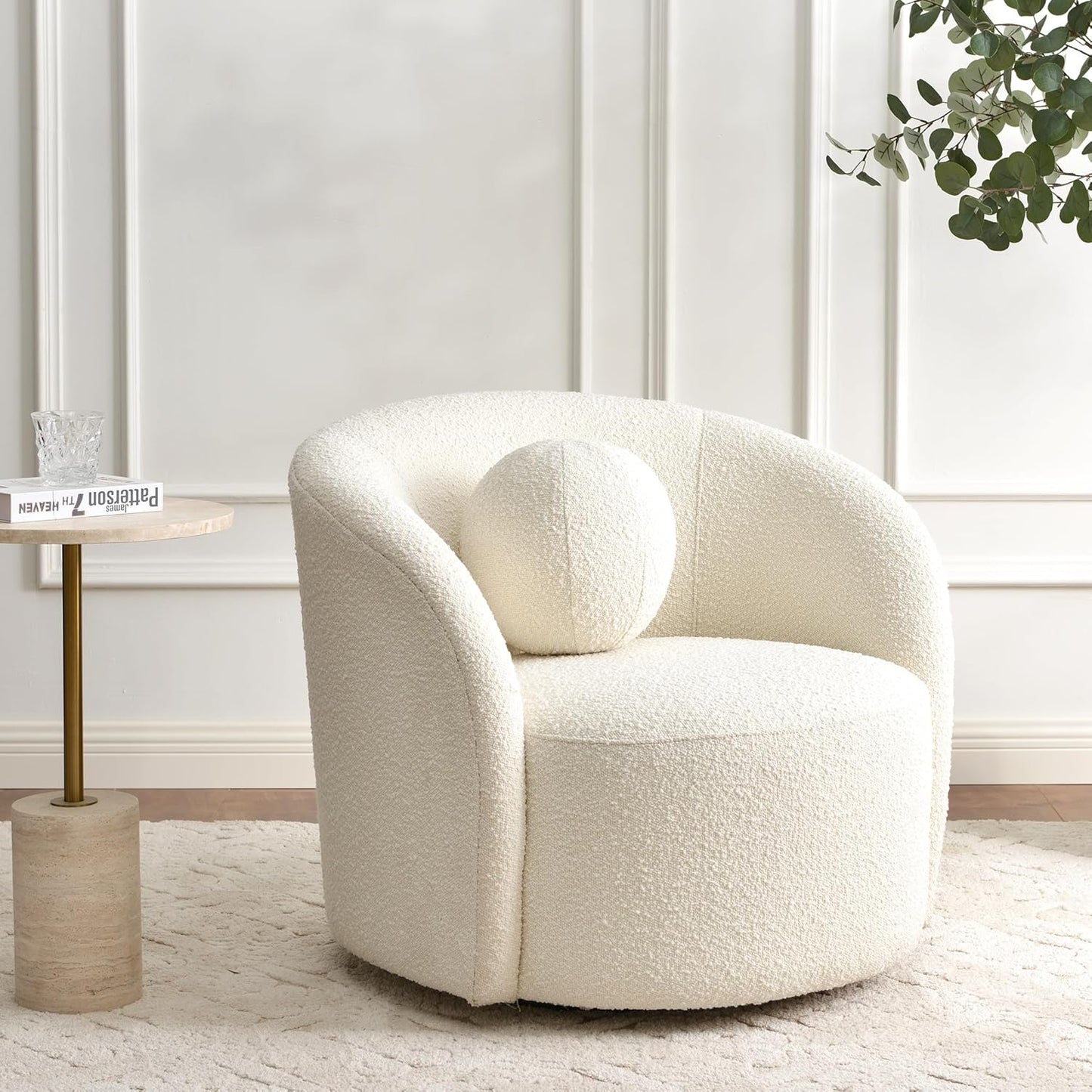 KINWELL Sherpa Swivel Barrel Chair & Round Ball Pillow Set - 34" Wide Modern Boucle Accent Chair with 9” Matching Nordic Decorative Throw Pillow for Living Room and Bedroom(Cream)