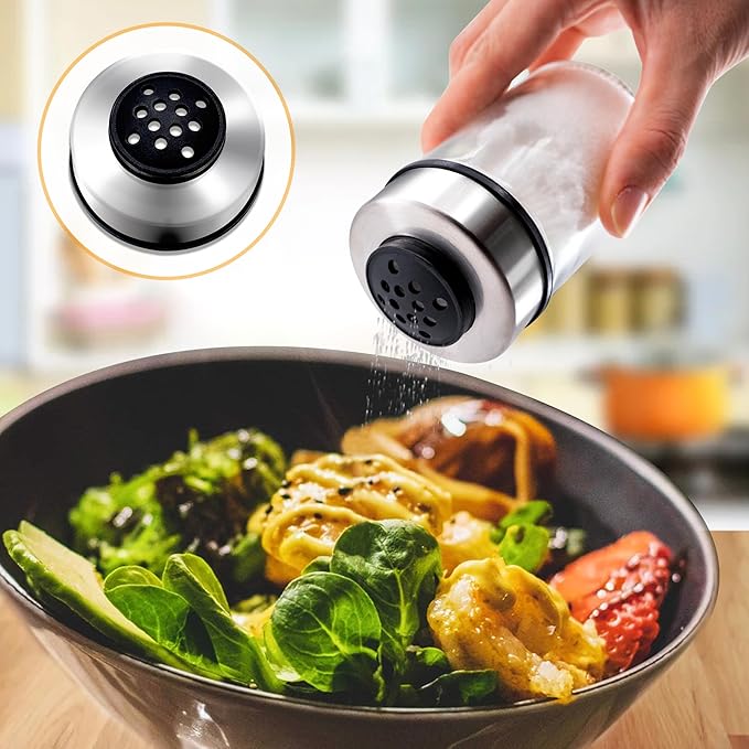 Mlici Oil and Vinegar Dispenser Set of 6 Bottles, Stainless Steel Salt Pepper Holder with 360° Rotating Holder, Cruet Soy Sauce - Premium Glass Condiment for Kitchen, Tabletop, Kitchen Containers