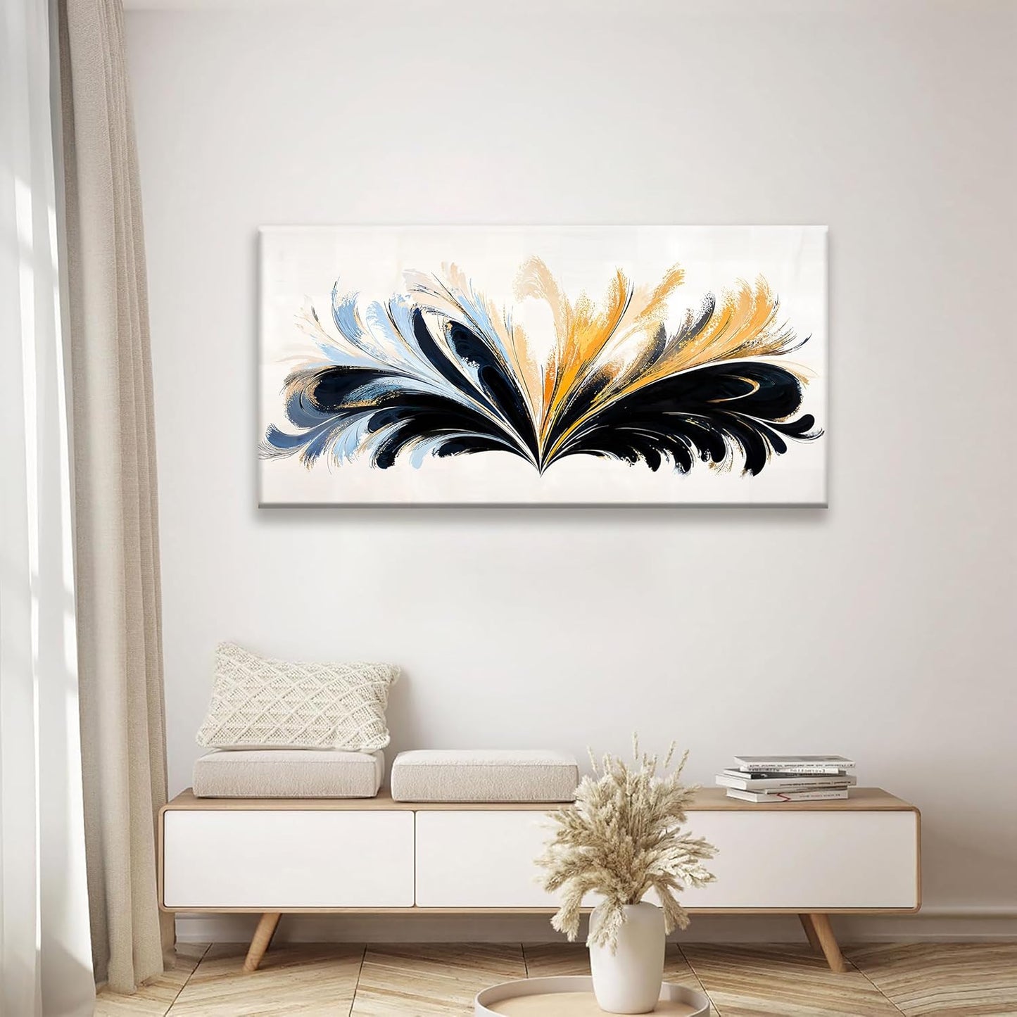QSQ Modern Canvas Art Wall Decor Painting Black And Gold Abstract Wall Art For Living Room Blue Feather Graffiti Abstract Wall Decor Prints Artwork For Bedroom Office Home Wall Decoration 24" X 48"