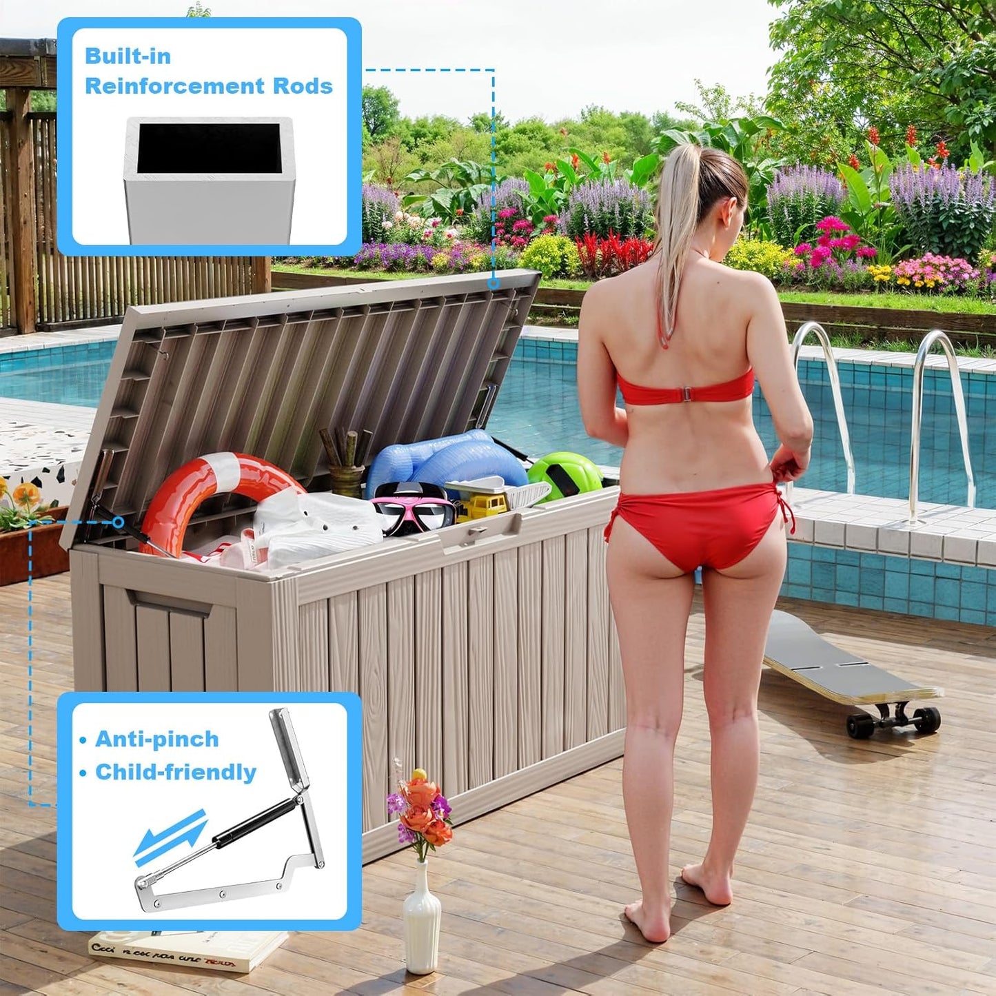 Vixzen 80 Gallon Resin Deck Box, Lockable Outdoor Storage Box for Patio Cushions Storage Furniture,Garden Tools, Pool Supplies, Weatherproof and UV Resistant- Grey