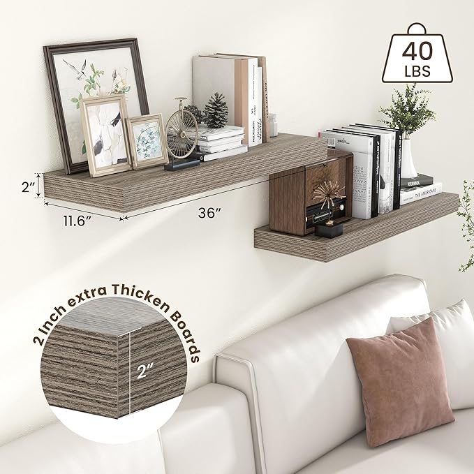 Deep Floating Shelves for Wall, 36W x 12D Rustic Large Floating Shelves Set of 2, 12'' Deep Grey Wood Floating Shelves for Living Room Bathroom Laundry Room Bedroom Kitchen Home Office - Grey