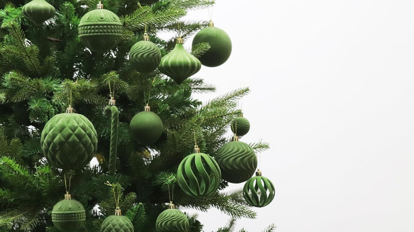 Senjie 2025 Velvet Christmas Ornaments Sets for Christmas,63pcs Xmas Tree Bulk Flocked Shatterproof Christmas Ornaments Balls Decoration Avocado Green