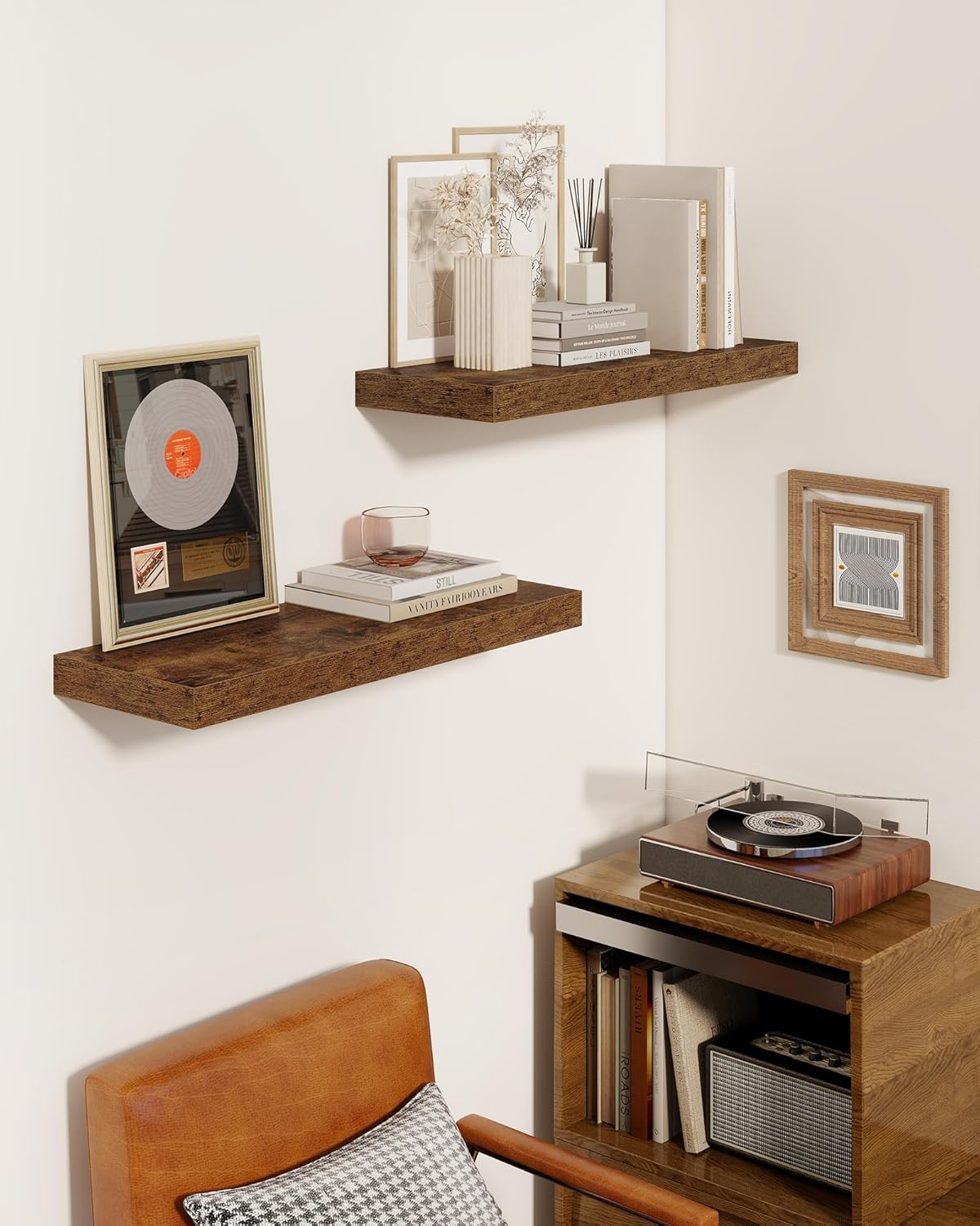 Marsmiles 6.7" Floating Shelves for Wall, Wooden Shelves with Invisible Brackets Set of 2, Rustic Farmhouse Wall Mounted Shelf for Kitchen Bathroom Living Room Study, Rustic Brown