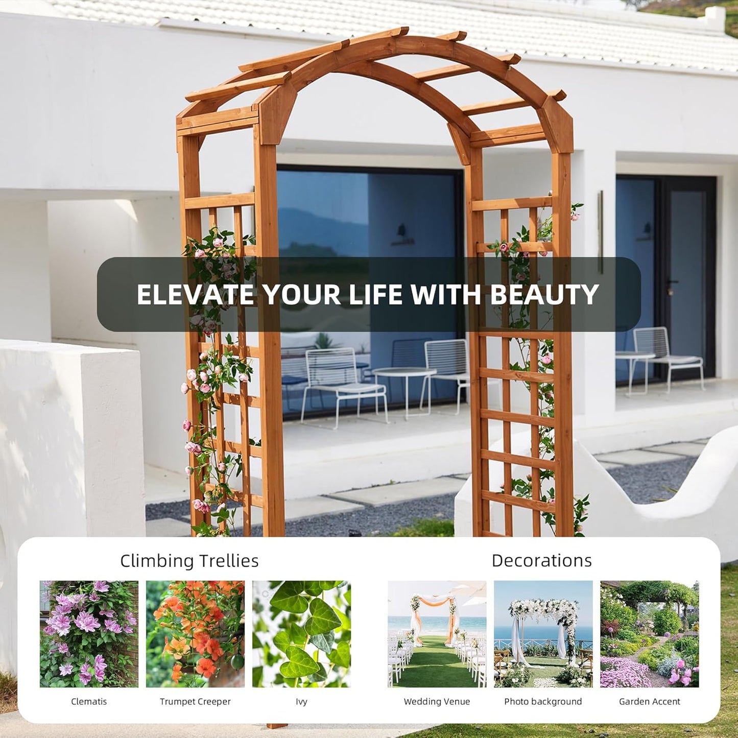 Solid Fir Wooden Garden Arch Premium Outdoor Trellis for Climbing Plants, 84.5”H×49.37”W×23.5’’D, Also can be Used for Wedding and Party Decoration