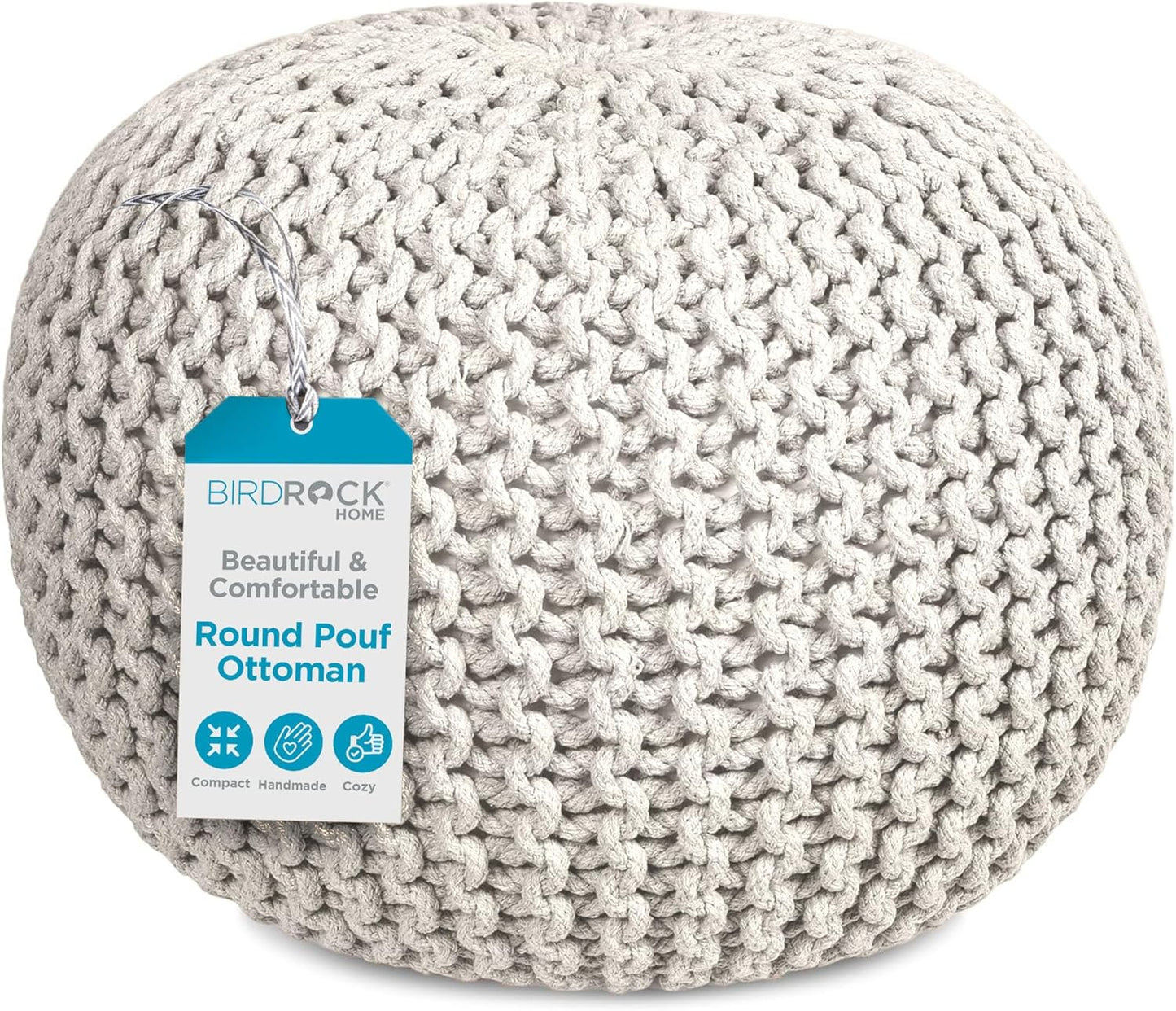 BIRDROCK HOME Round Pouf Ottoman | Cotton Braided Foot Stool with Bean Bag Filling | Boho Foot Rest for Living Room & Bedroom | Compact & Comfortable Seating, Lightweight & Soft | Natural