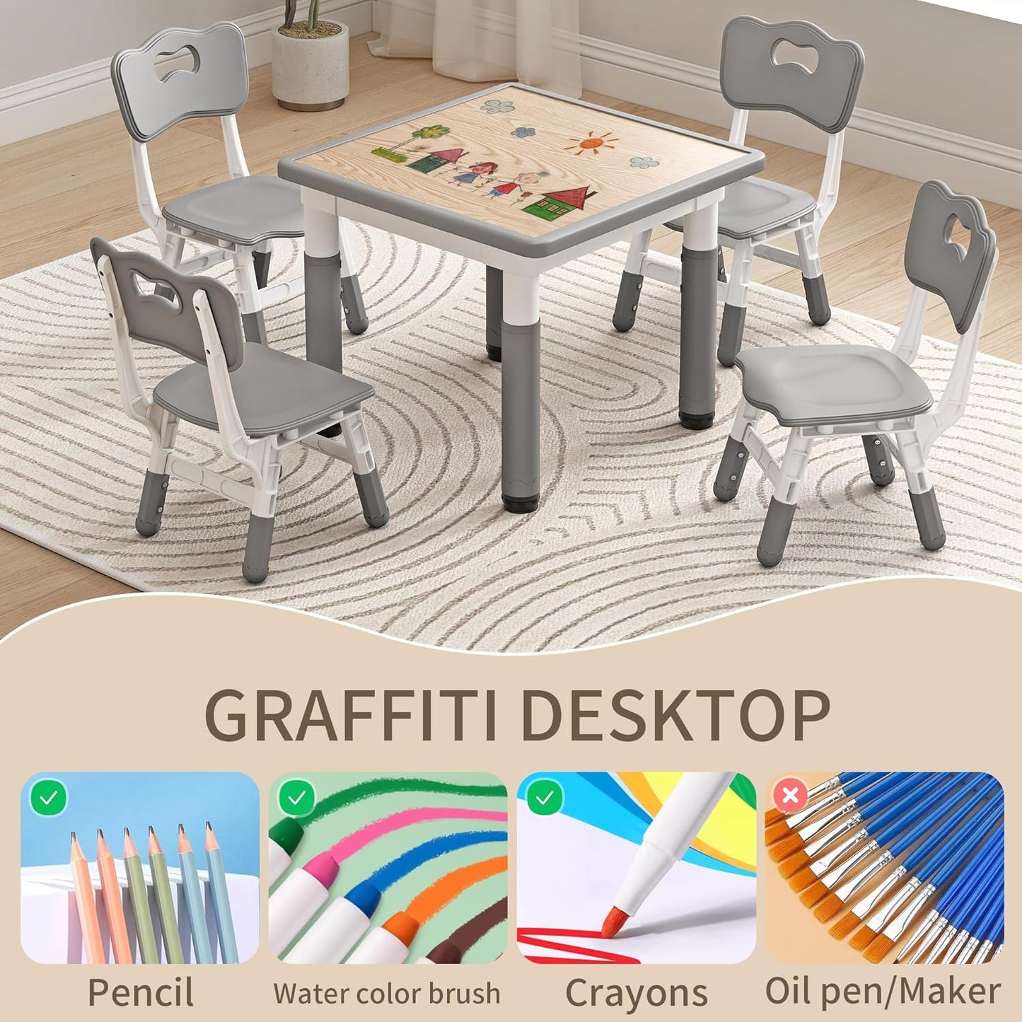Kids Table and Chairs, Height Adjustable Childrens Table and Chair Set, Kids Tables for Age 2-8, Graffiti Desktop, Table for Kids with 2 Seats, Small Kids Table, Max 300lbs, Grey