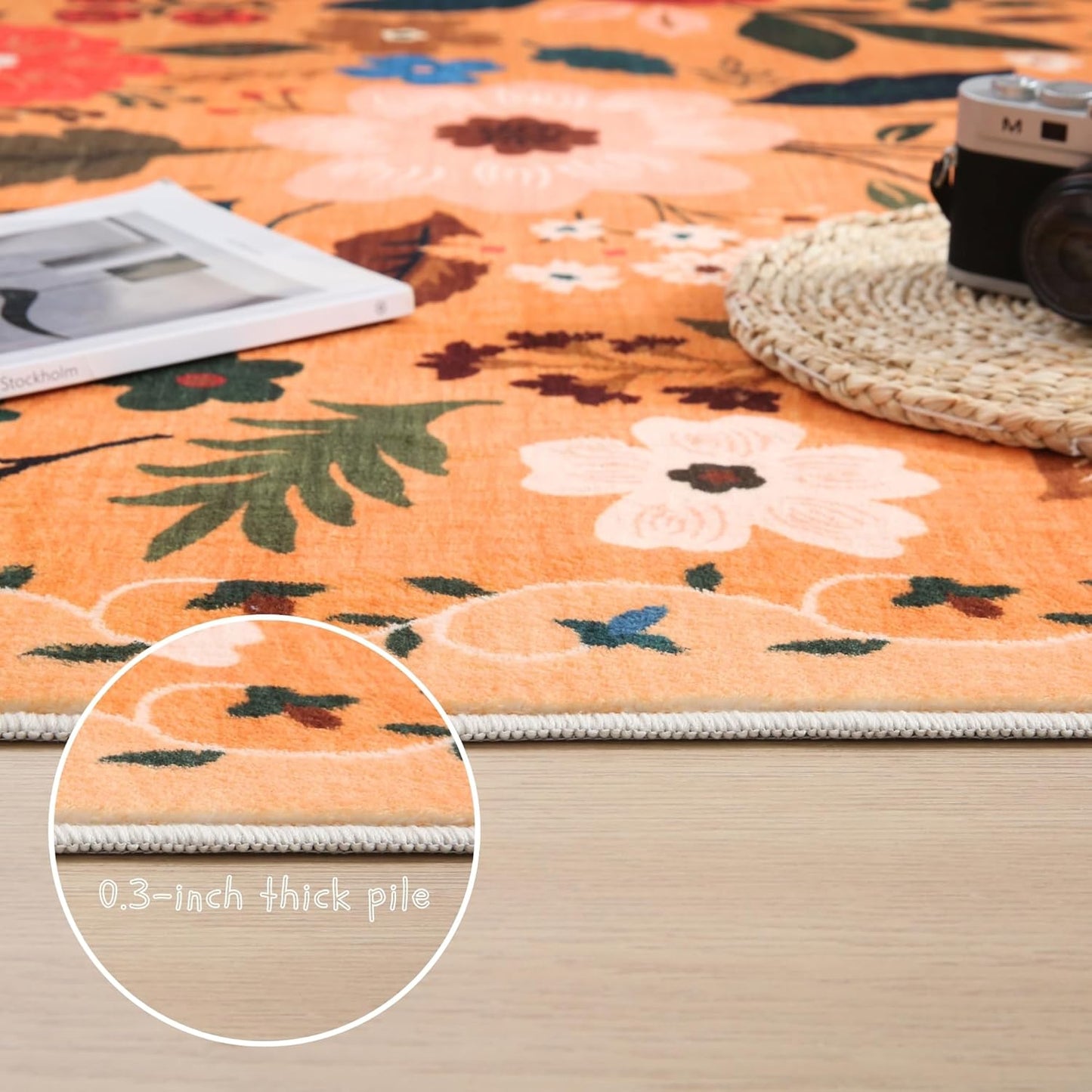 Living Room Rug 5x7 Rug Machine Washable Boho Area Rug Non Slip Floral Vintage Low Pile Large Rugs for Living Room, Bedroom, Farmhouse, Dining Room, Kids Playroom(Yellow)