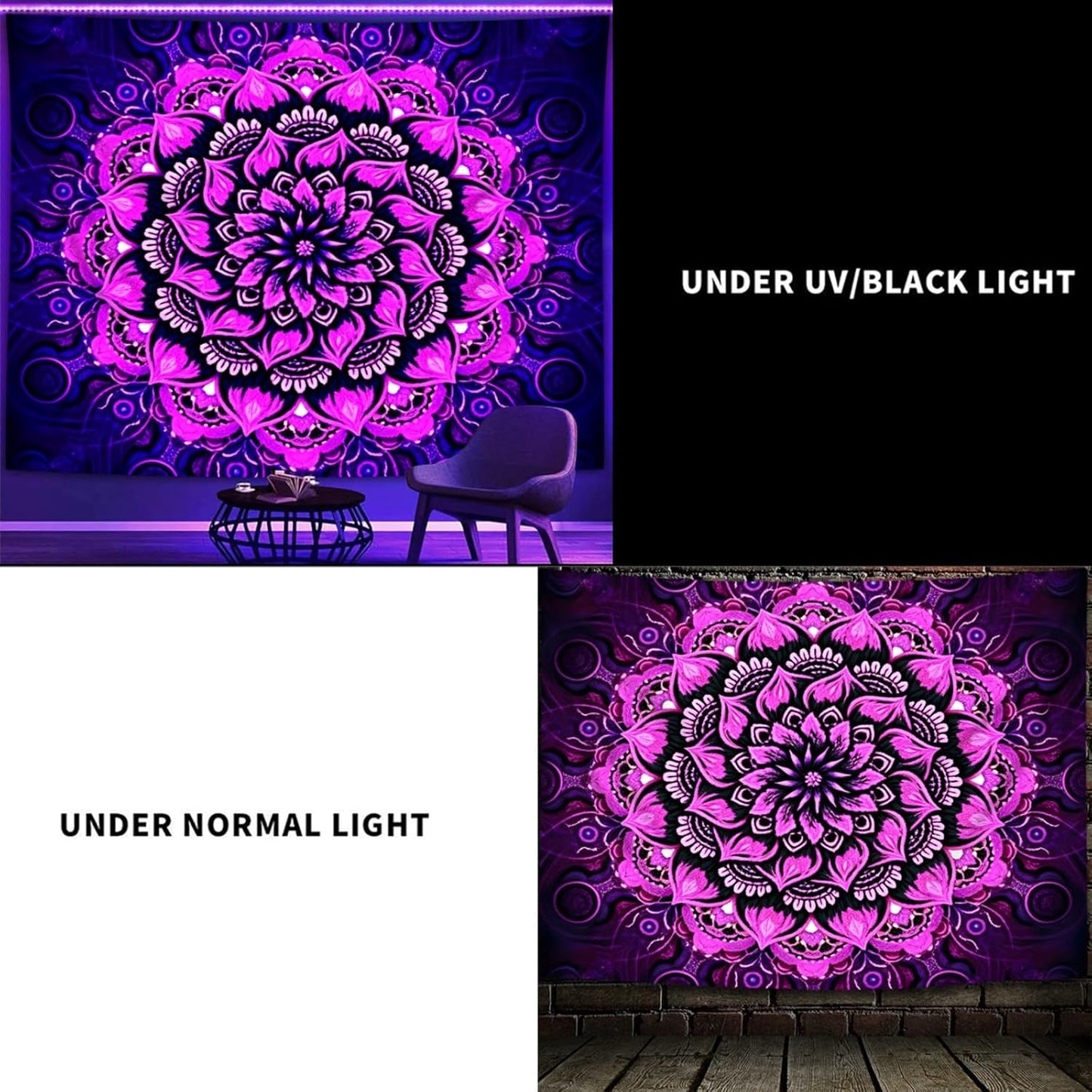 Blacklight Mandala Tapestry Wall Hanging, Psychedelic Flower Black Light Posters for Adults and Teens, UV Reactive Aesthetic Bohemian Art for Bedroom (60 x 50 Inches)