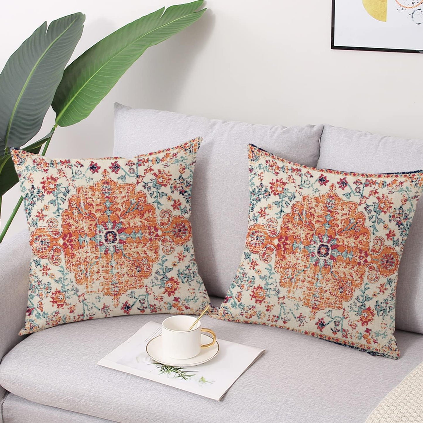 Outdoor Waterproof Pillow Covers 18X18 Inch Set of 2 - Bohemian Vintage Carpet Pattern Orange Blue Ethnic Design Decorative Farmhouse for Couch Garden Balcony