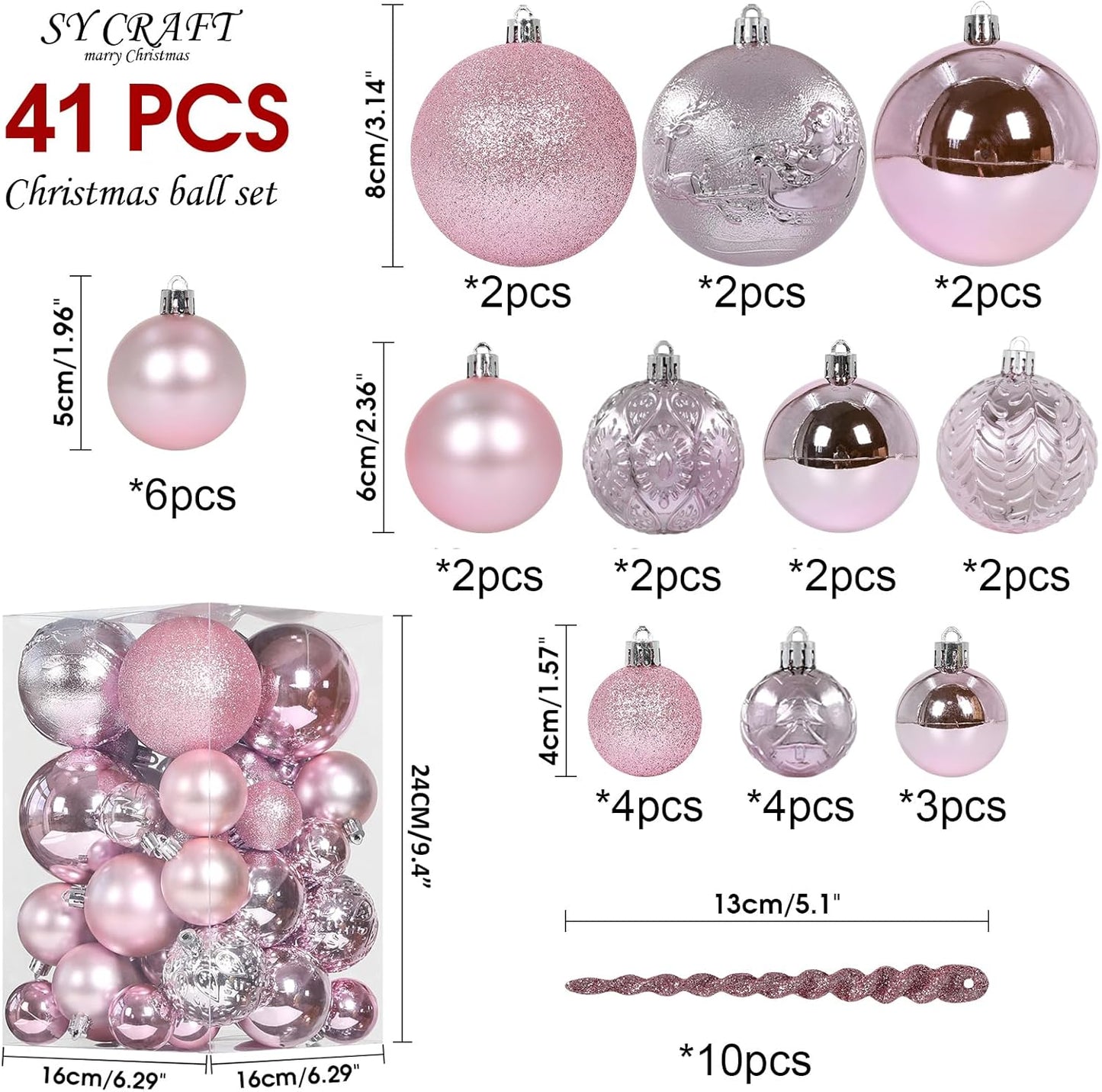 Christmas Ball Ornaments for Christmas Decorations - 41 Pieces Xmas Tree Pink Shatterproof Ball Ornaments with Hanging Loop for Holiday and Party Decoration
