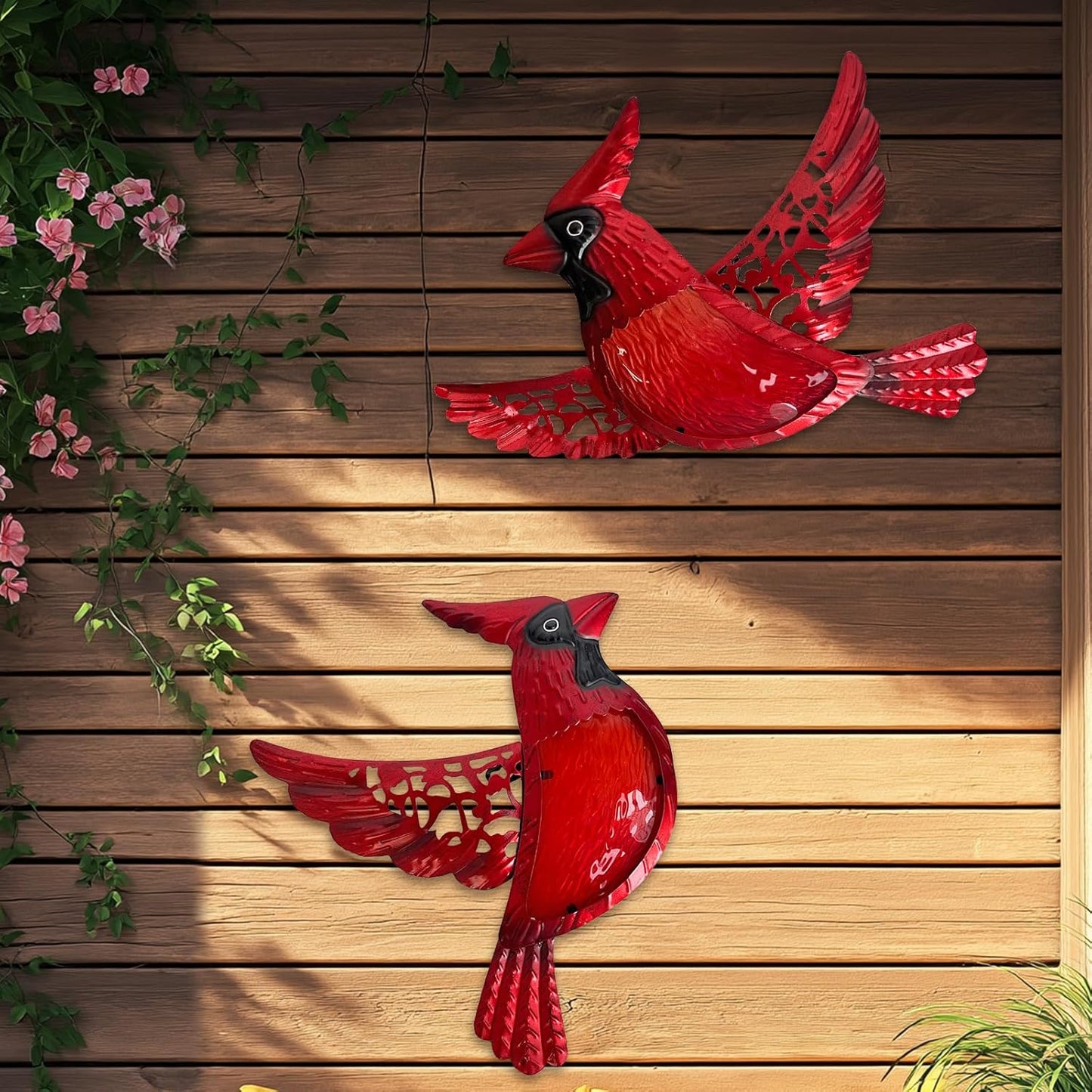 HONGLAND Metal Cardinal Wall Art 12inch Metal Birds Wall Sculpture Garden Decoration Outdoor Statue Patio Fence Hanging Plaques 2 Pack
