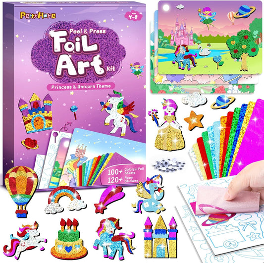PERRYHOME Foil Arts and Crafts for Kids Ages 4-8 -DIY Unicorn & Princess Foil Foam Stickers Fun,Mess Free Kids Crafts,Creative Christmas Birthday Gifts Toys for 4 5 6 7 8 Year Old Girls