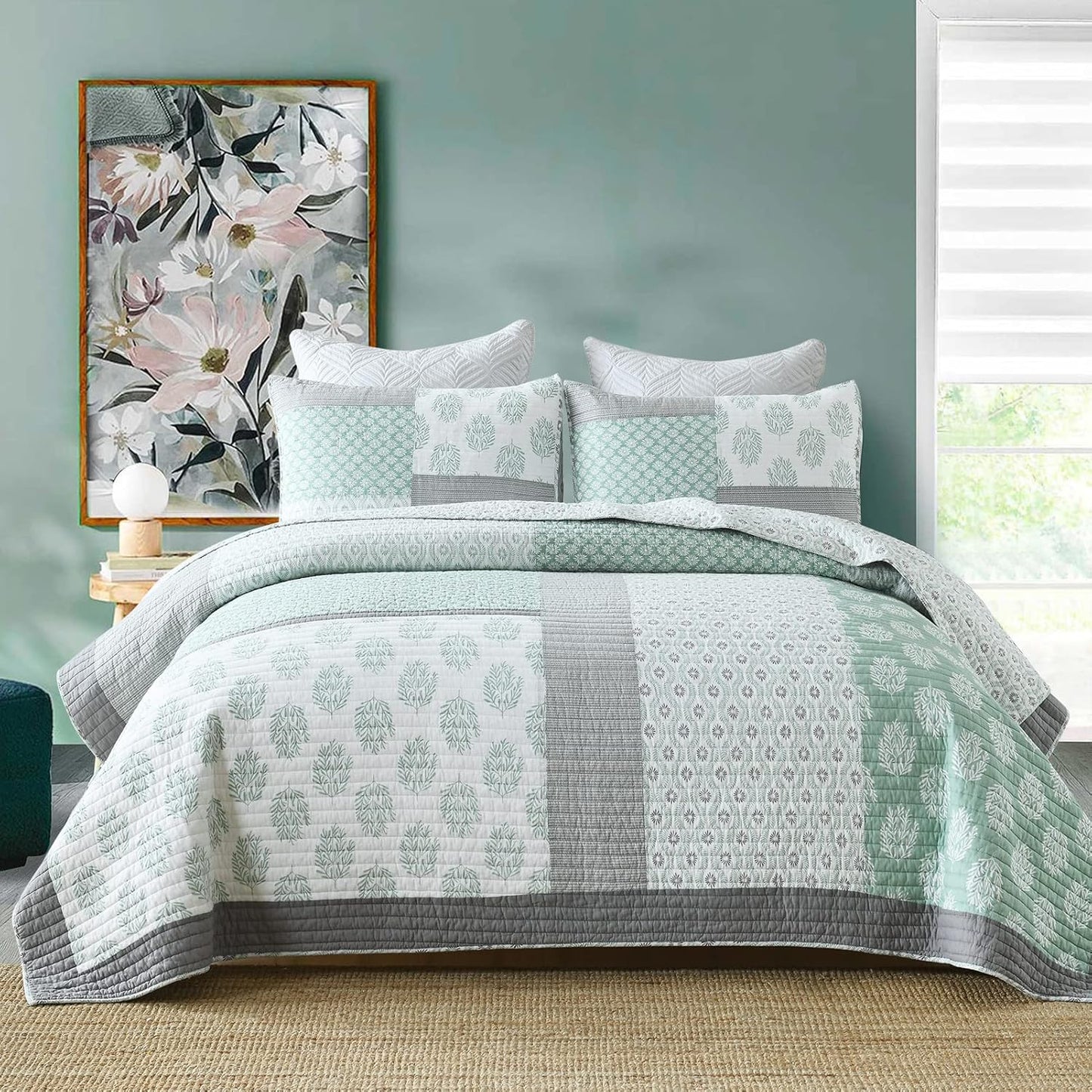 PANGUSHAN Quilt Set Queen Size, 100% Cotton Bedspread Quilt Bedding Set, Patchwork Reversible Floral Quilt for Queen Bed, Green/Grey/White Bed Spread, Lightweight Comforter for All Season, 3 Pieces