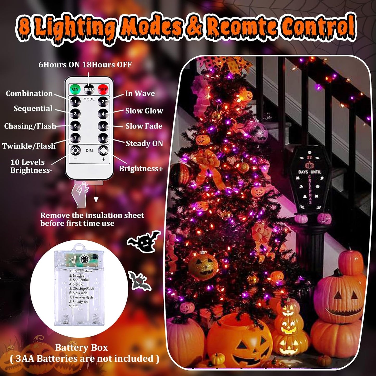 3 Pack 78 FT 240 LED Fairy Lights Battery Operated with Remote & Timer, Orange and Purple Halloween String Lights 8 Modes Waterproof Twinkle Lights for Indoor Outdoor Halloween Party Home Decorations