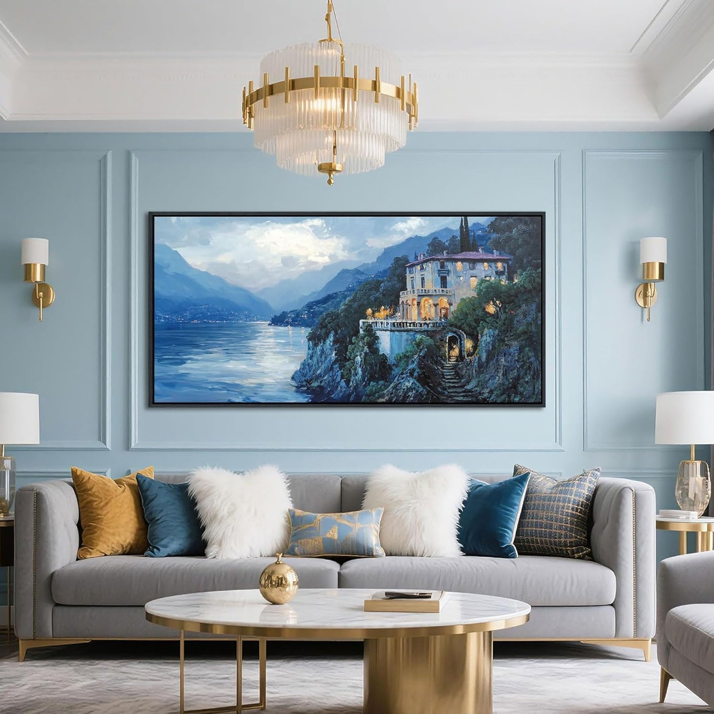 QZQCBLC Large Wall Art Bedroom, Blue Mountains Lake Houses Green Trees Landscape Framed Oil Paintings Canvas Printi Artwork for Living room Home Kitchen Office Pictures Wall Decor 29x58 IN