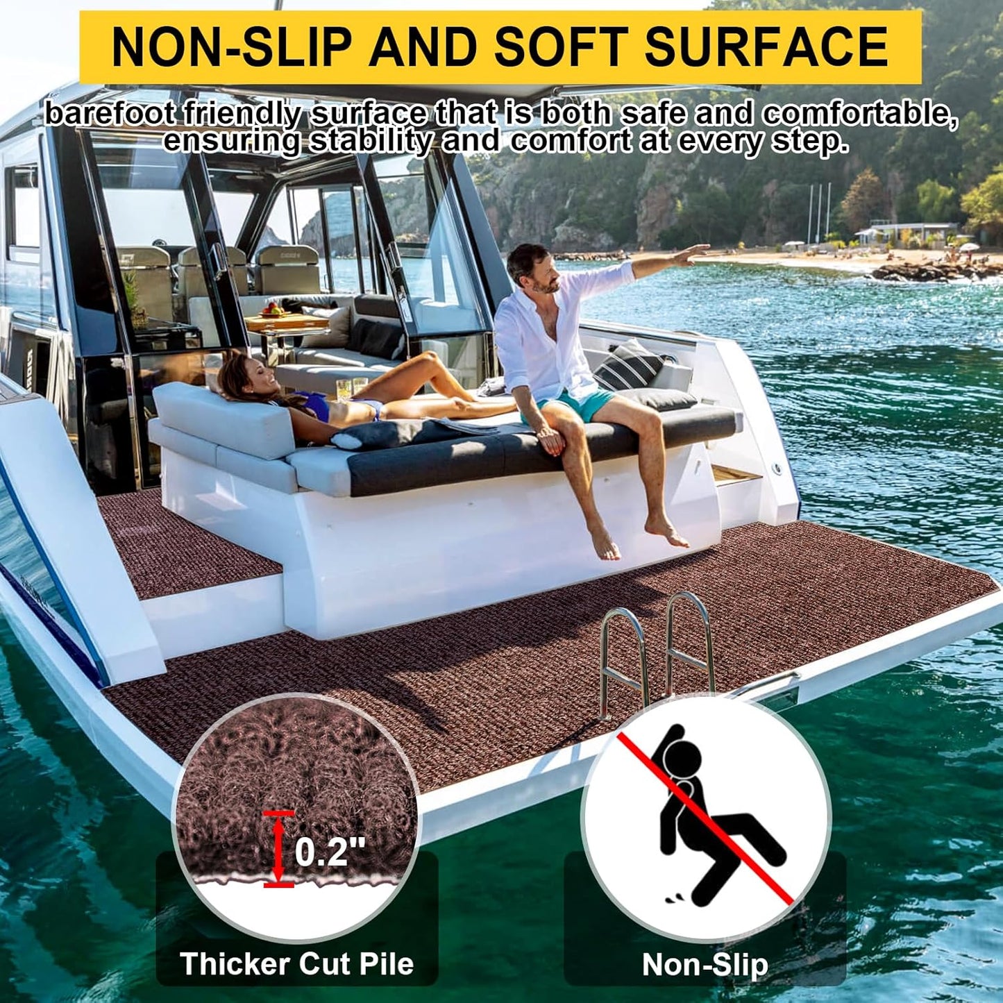 Marine 6 FT x 18 FT Brown Indoor/Outdoor Rug 0.2" Thick - Boat Carpet with Water-Proof TPE Backing, Non-Slide for Home, Patio, Porch, Deck