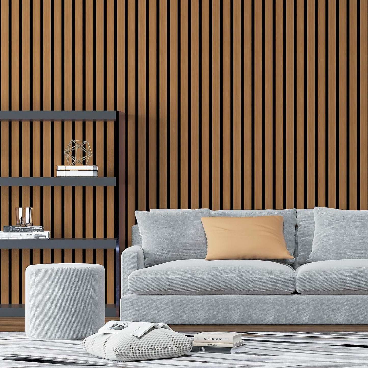 Art3d 4-Pack Glue-On Six-Grid Wainscoting Panel for Interior Wall Decor - 104 x 12 Inch Polystyrene Ultralight Slim Slat Wall Panels for Living Room Bedroom, Rosewood