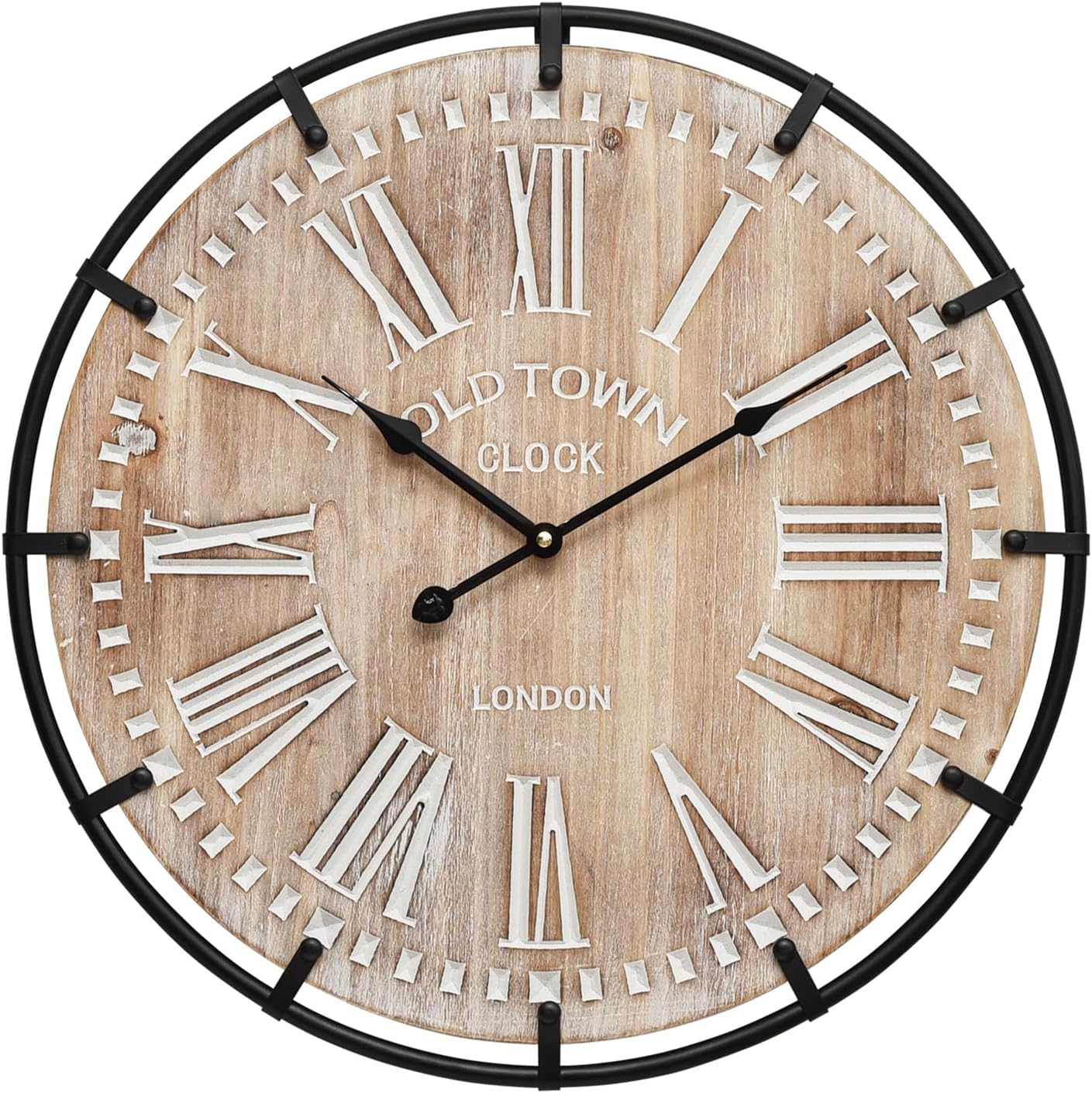 20 Inch Large Farmhouse Wall Clock, Rustic Antique Wood with Metal Circle and Large Engraved Numerals, Silent Battery Operated Wall Clock for Office Kitchen Bedroom Living Room