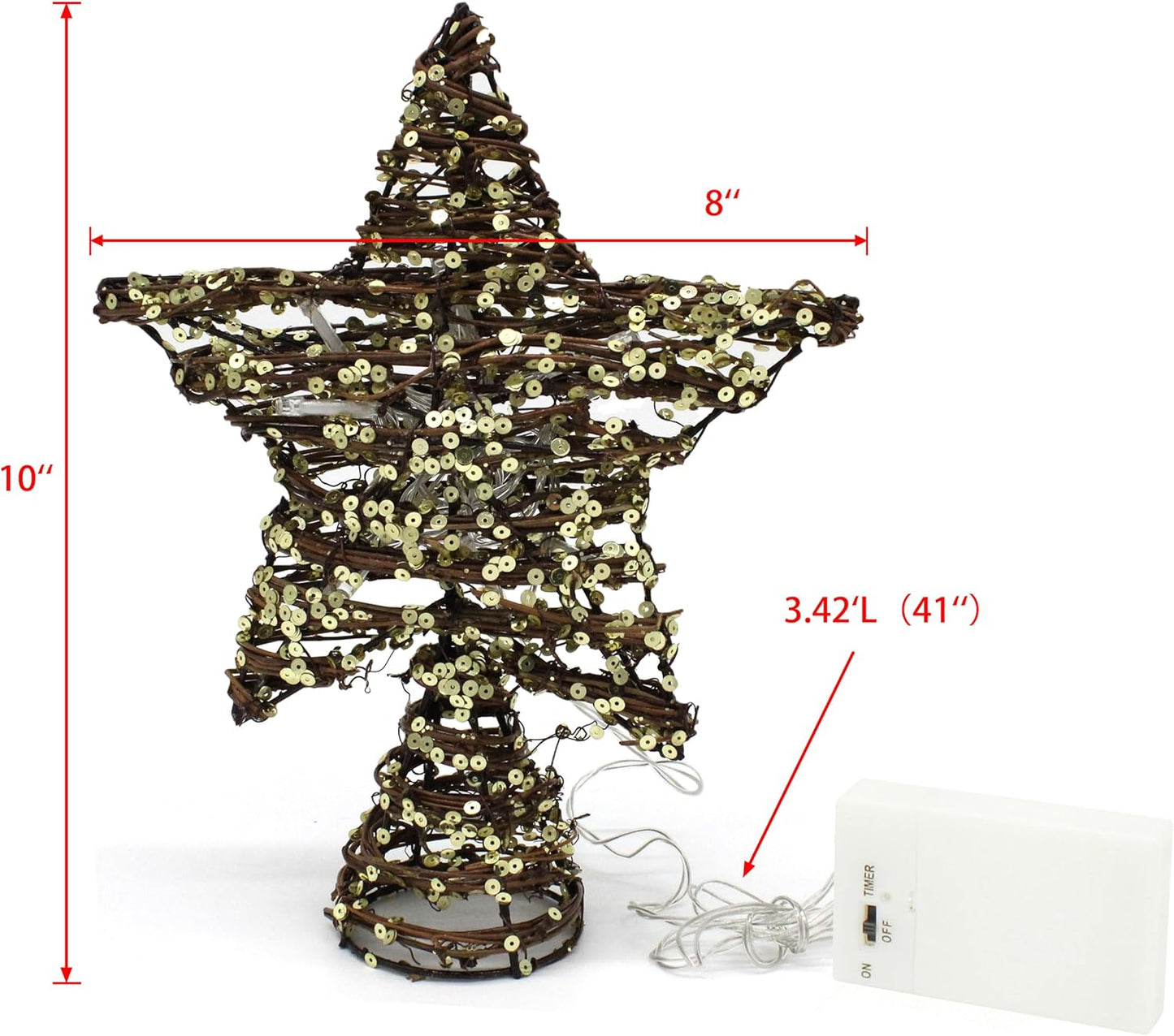 CVHOMEDECO. Rattan Star Christmas Tree Topper with LED Lights, Rustic Farmhouse Style Tree Toppers Ornaments, 8 x 10 Inch