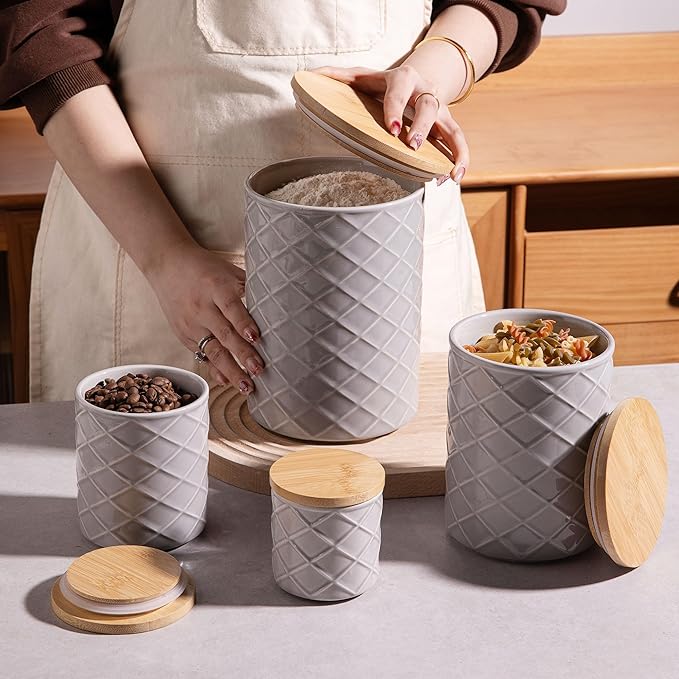 Sweejar Ceramic Canisters Sets for Kitchen Countertop, Relief Food Storage Jar with Bamboo Lid, Stackable Container for Flour, Coffee, Pasta, Cereal, Tea, Cookies, Sugar, Spices, Pack of 4 (Gray)