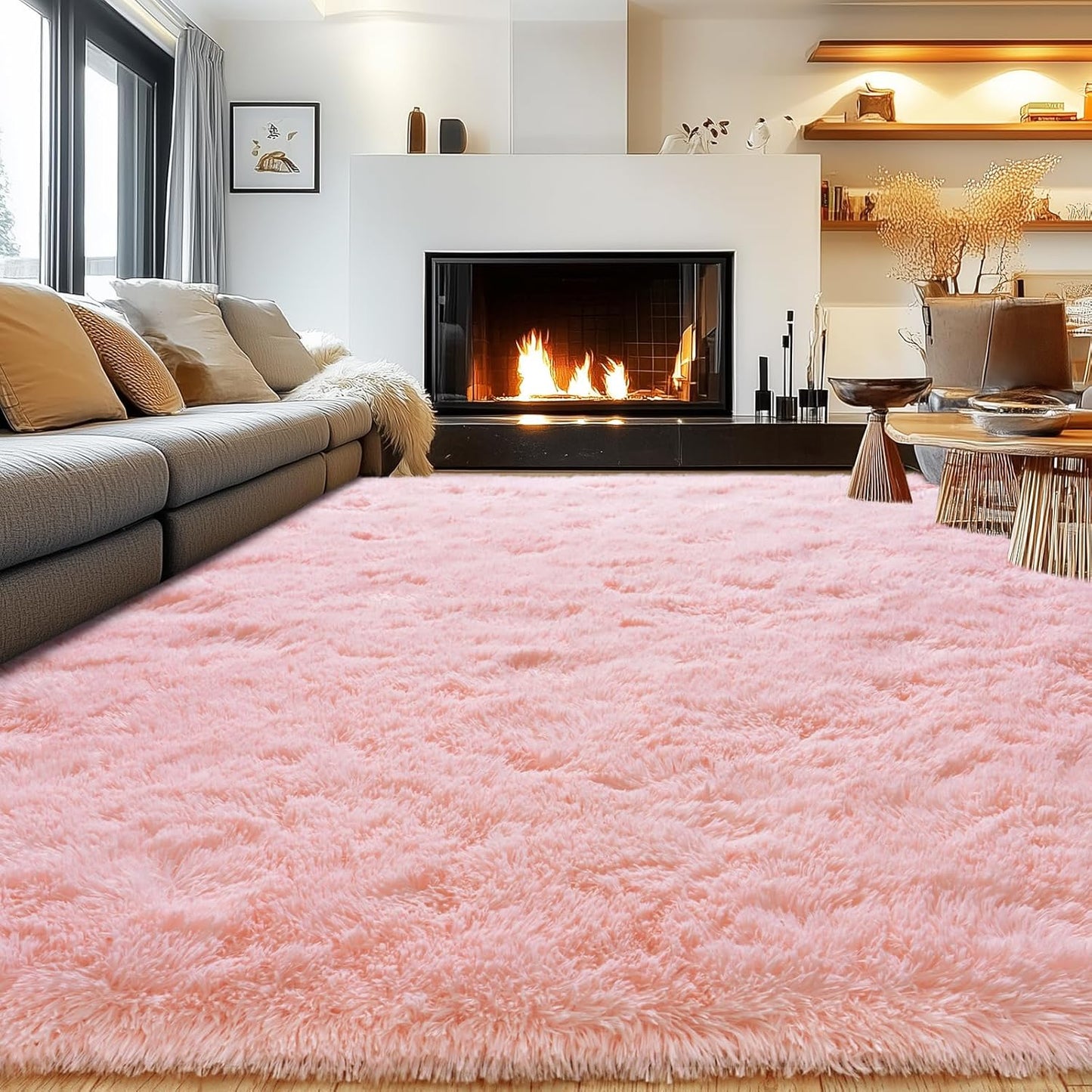 Rezutan Extra Large Fluffy Area Rug for Bedroom Living Room, 9x12 Feet Pink Modern Indoor Carpets Room Colorful Rugs, Plush Indoor Nursery Classroom Home Decor Bedside Rug with Non-Slip Bottom