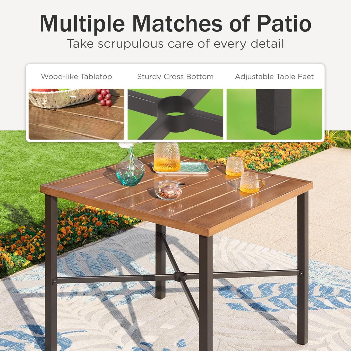 PHI VILLA 5 pcs Outdoor Bar Set, Outdoor Swivel Bar Stool with Red Seat Cushion and Lumbar Support,Extra Large Metal Bar Table with Umbrella Hole for Poolside Garden