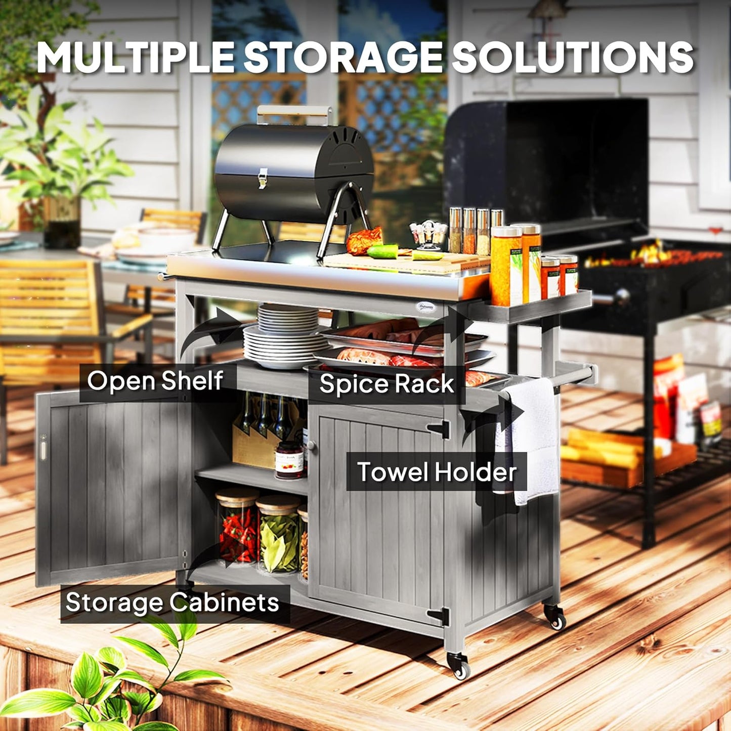 Outsunny Outdoor Grill Cart with Wheels and Storage, Solid Wood Outdoor Kitchen Island with Stainless Steel Top, Movable Bar Cart with Spice Rack, Side Handle, Integrated Hole for BBQ, Gray