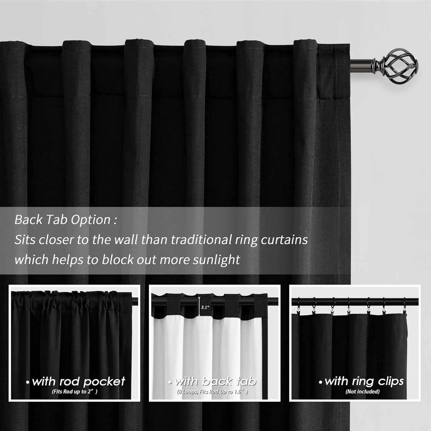 BOODII Full Blackout Curtains 90 Inches Long Room Darkening Curtain for Bedroom Sliding Door Thermal Insulated Black Out Curtains & Drapes Black Linen Curtain 2 Panels Set Back Tab 52x90