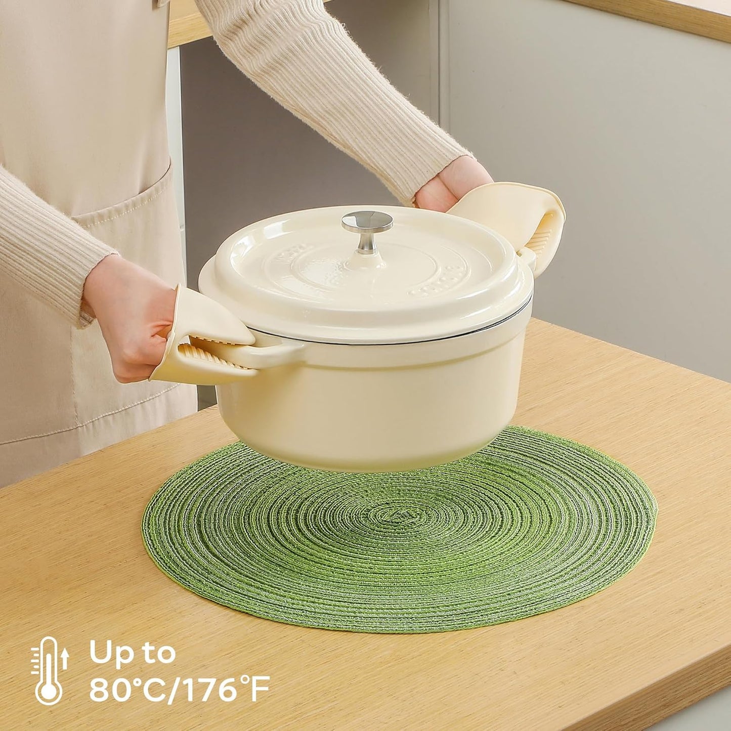 Leetaltree Round Placemats Heat and Slip Resistant Cotton Table Mats, Washable Bohemian Placemats for Dining Tables (Sage Green, Set of 4)