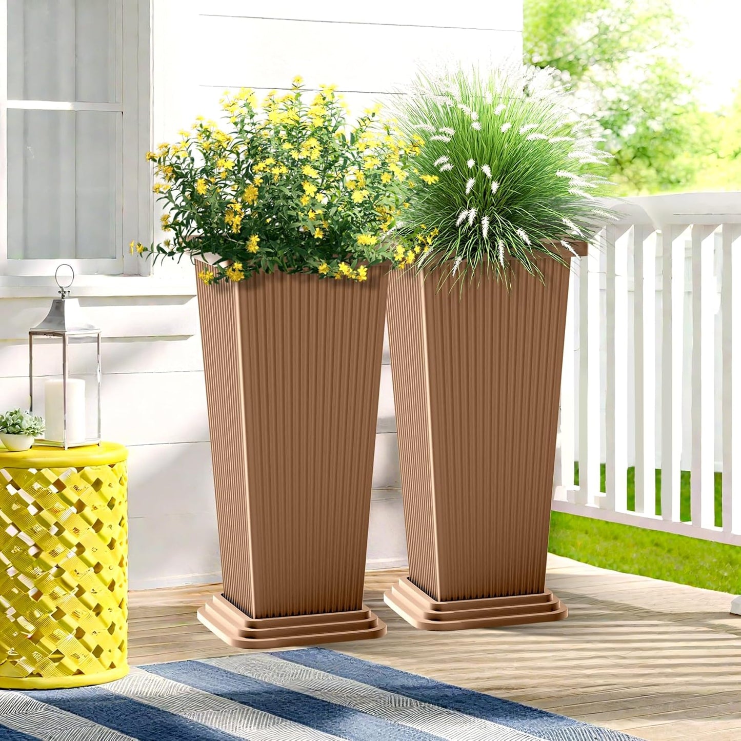 FENCY Set of 2 Tall Planters for Outdoor Plants, 24 Inch Large Tapered Pots with Drainage Trays, Weather-Resistant Plastic Plant Containers for Patio, Porch, Garden, Front Door Decor,Brown, Striped